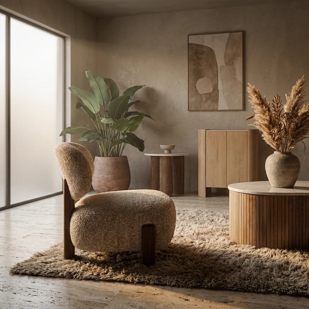 Sessel Reza braun - beige Bay in einem stimmungsvollen Wohnzimmer mit Pflanzen und einem Teppich - Eleonora
