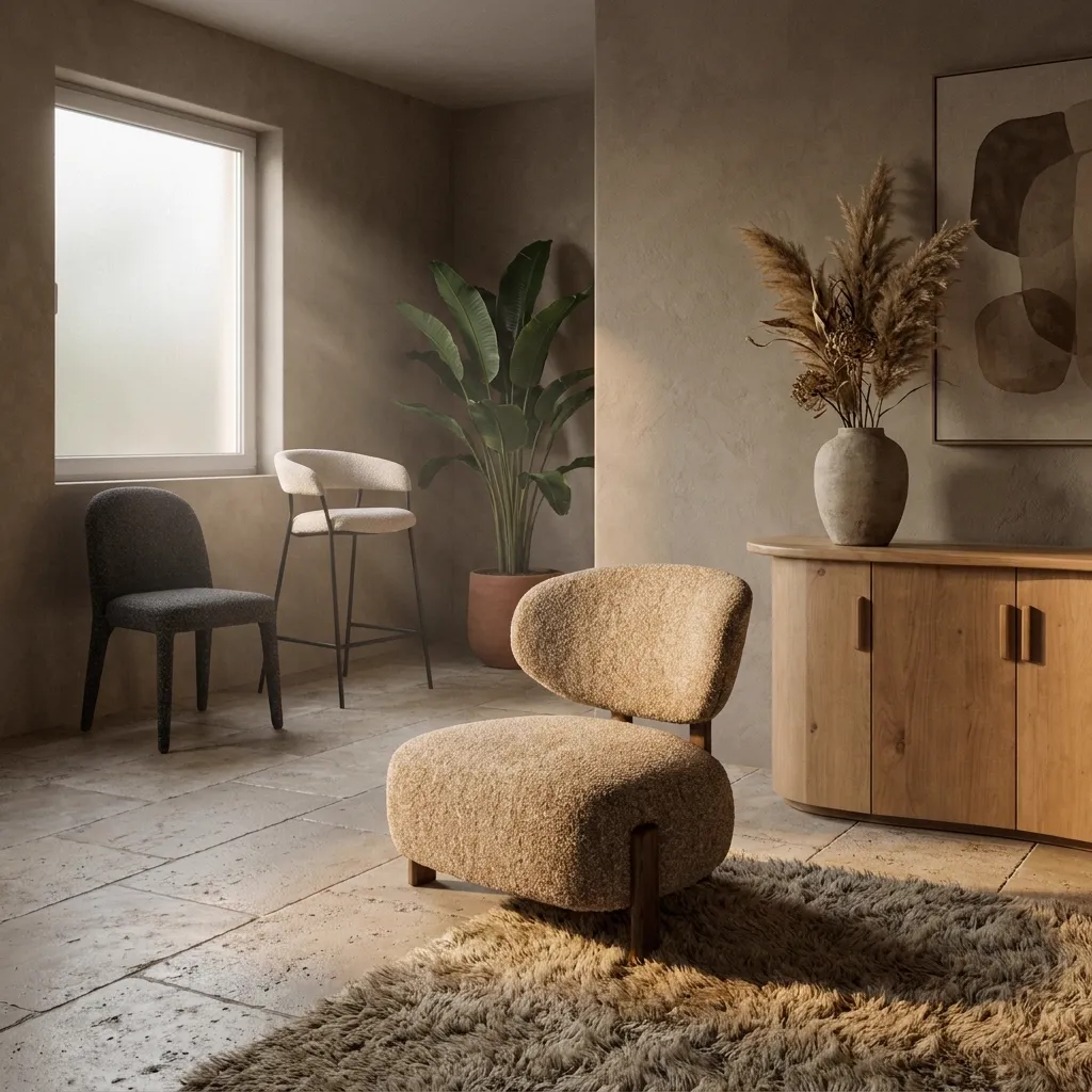 Sessel Reza braun - taupe Bay in einem hellen Wohnzimmer mit einer Pflanze und einem Holzschrank - Eleonora