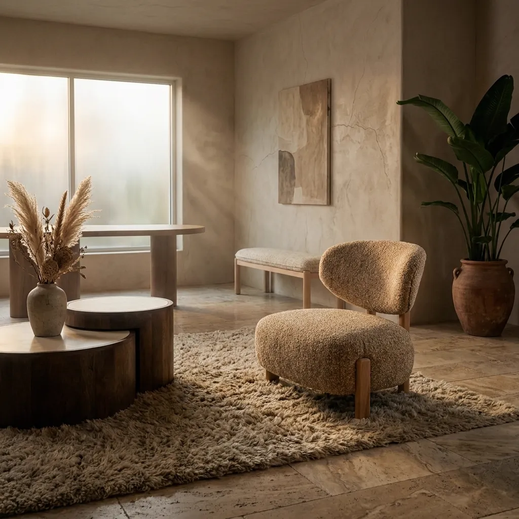 Sessel Reza natur - taupe Bay in einem stimmungsvollen Wohnzimmer mit einem Shaggy-Teppich und Couchtischen - Eleonora