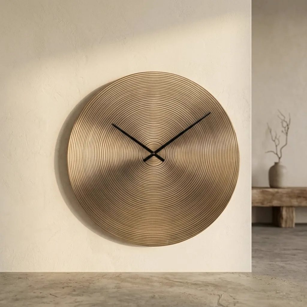De Klok Aden Gold hangt aan een lichte muur met schaduwen, in een minimalistische setting - Richmond Interiors