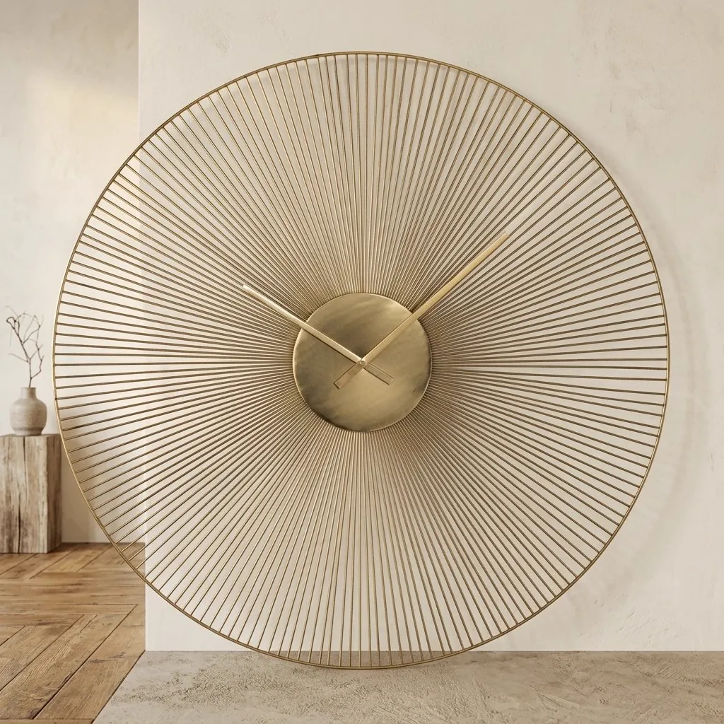 Grote gouden Klok Audrey Gold met een stralenpatroon, hangend aan een lichte muur - Richmond Interiors