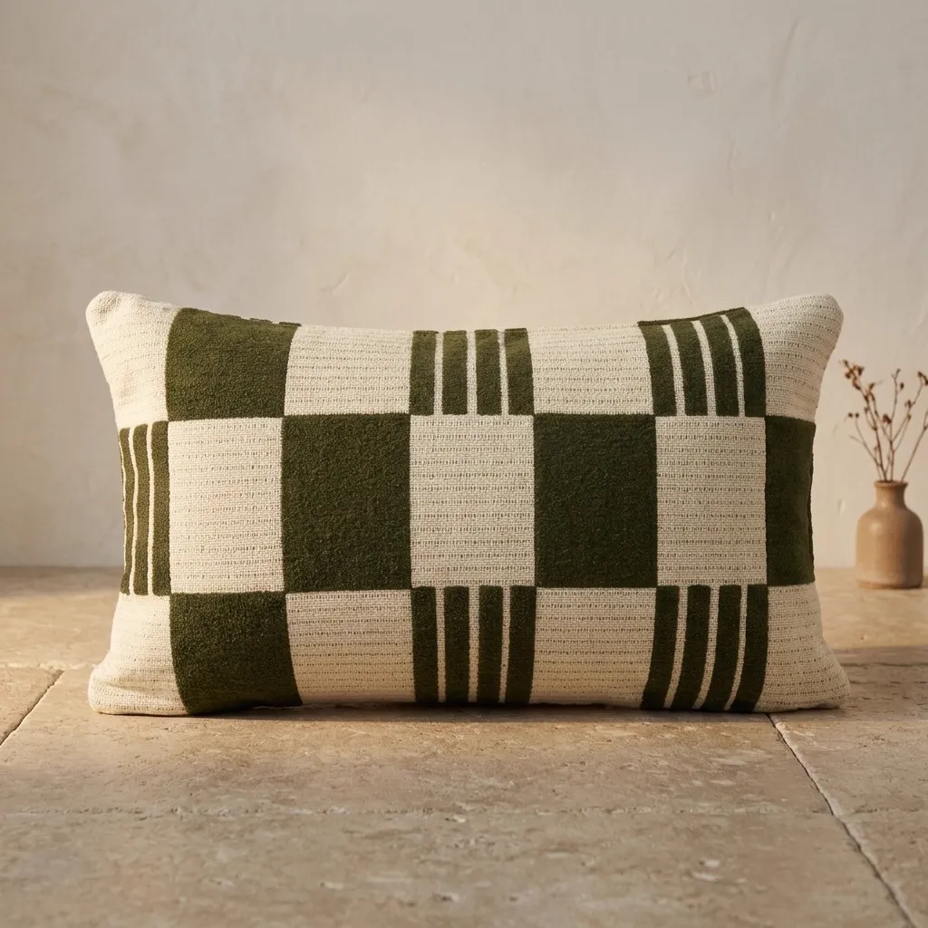 Kissen Twist 35x55 cm - grün mit grün-weißem Karomuster und Streifen auf einem Fliesenboden - By-Boo