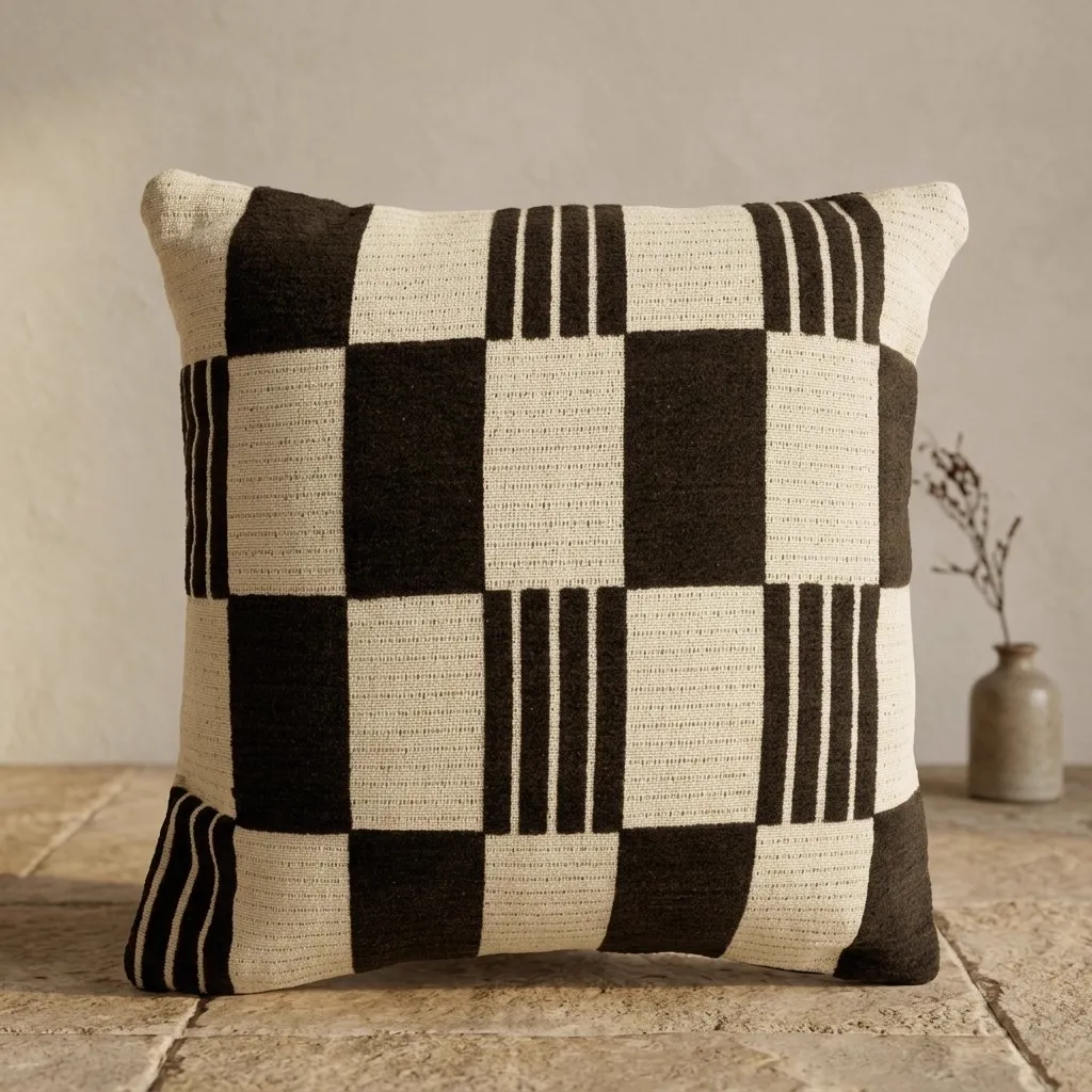 Kissen Twist 45x45 cm - Braun mit einem karierten Muster und vertikalen Streifen auf einem Steinfußboden - By-Boo