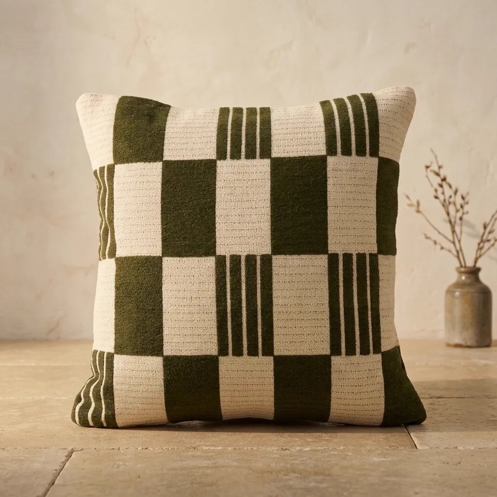 Kissen Twist 45x45 cm - green mit einem karierten Muster in Grün und Beige auf einem Fliesenboden - By-Boo