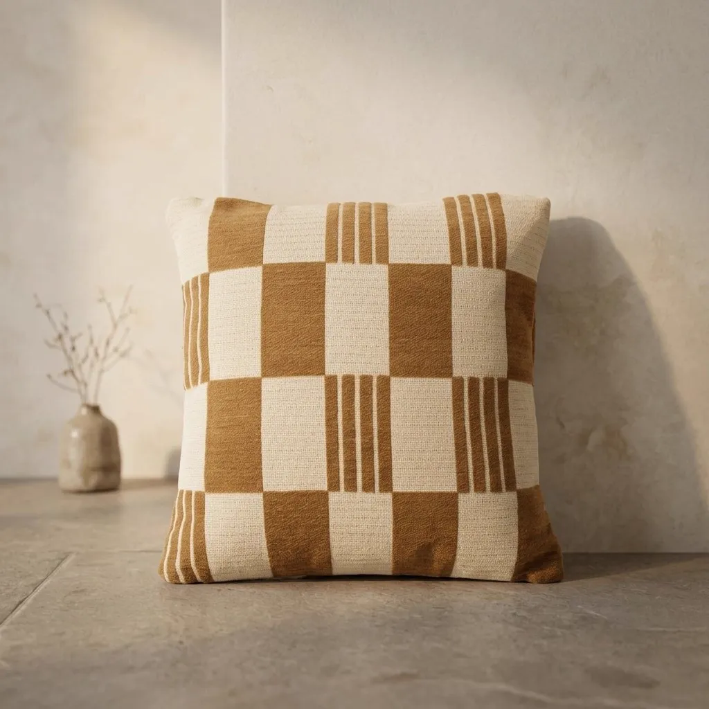 Kissen Twist 45x45 cm - Senf mit Karomuster und Streifen, auf einem grauen Boden stehend - By-Boo