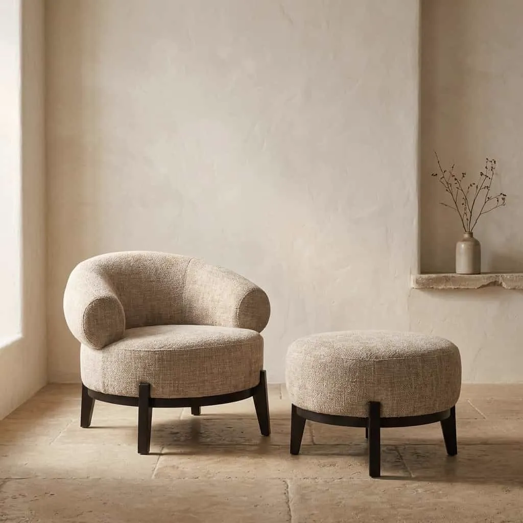Lounge Sessel Montana Desert Renegade und passender Hocker in einem hellen, minimalistischen Wohnzimmer - Richmond Interiors