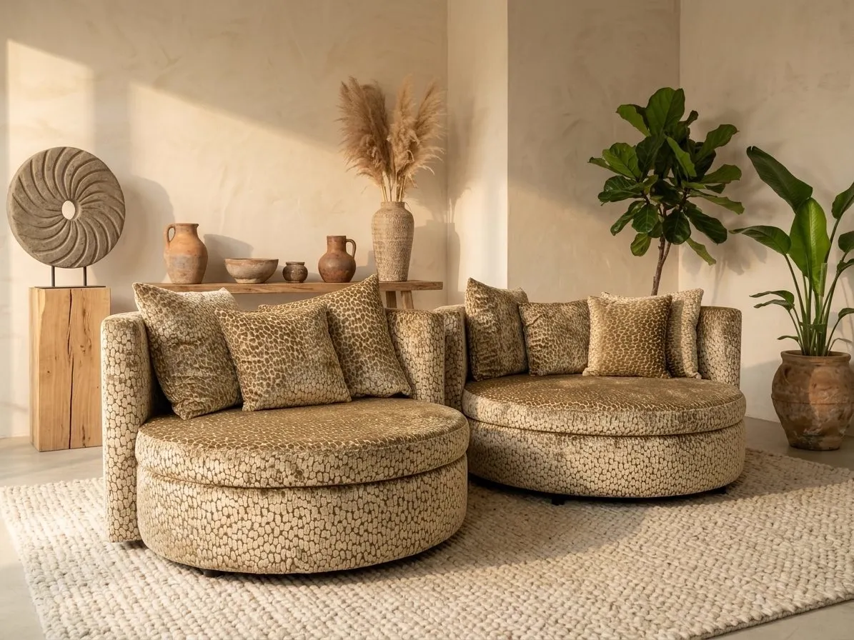 Zwei Loveseat La Lord Alfeo Sofas mit Leopardenmuster in einem stimmungsvollen Wohnzimmer mit Pflanzen und Dekoration - Agpol