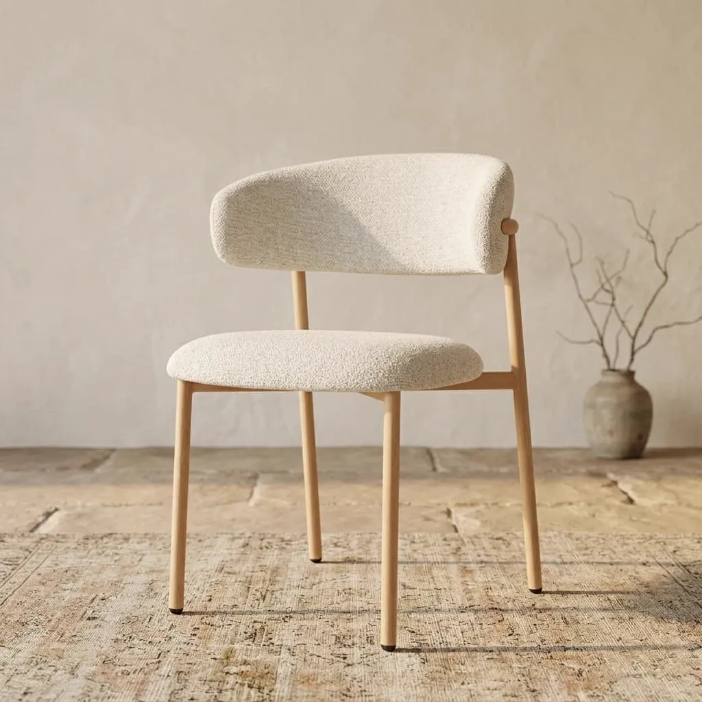 Der Micah Hush Oak Stuhl in einer hellen, minimalistischen Umgebung mit einer Vase und Ästen - Livingfurn