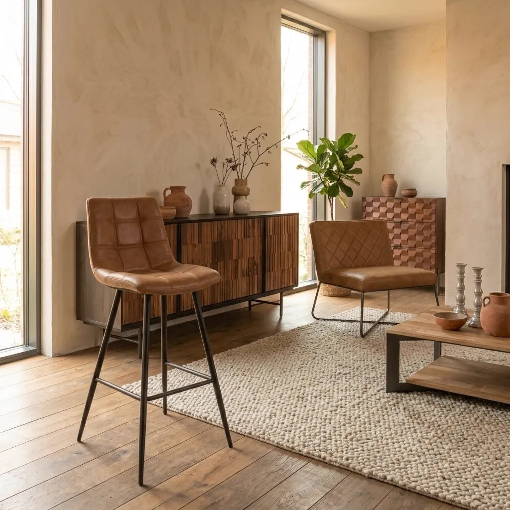 De Navarra Barstoel in cognac stof staat in een sfeervolle woonkamer met houten meubels en een licht vloerkleed - Tower Living