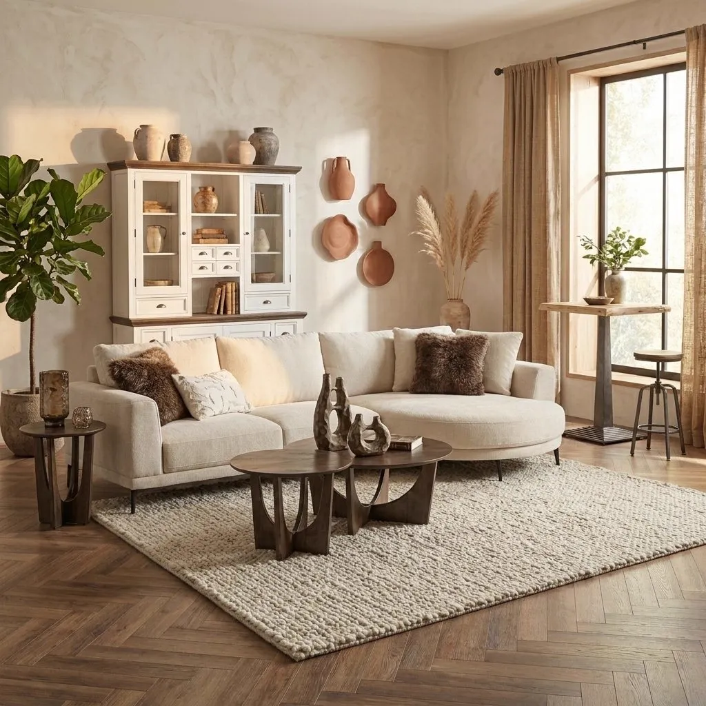 De Prescot 2 5-AR + Chaise L - Sahara 120 sand bank in een sfeervolle woonkamer met houten vloer en accessoires - Tower Living