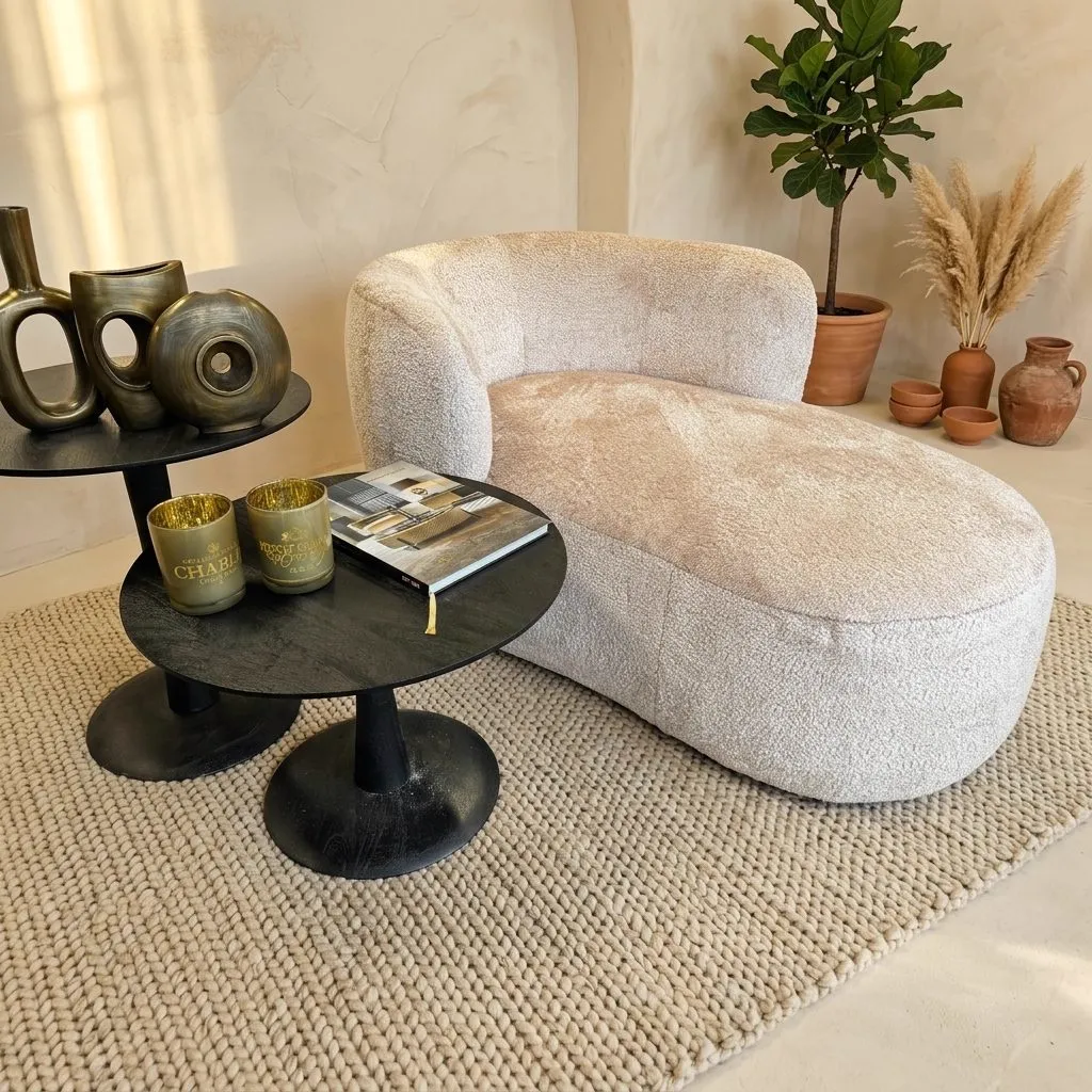 Die Princess Chaiselongue in einem hellen Wohnzimmer mit zwei schwarzen Couchtischen und Dekoration - Agpol