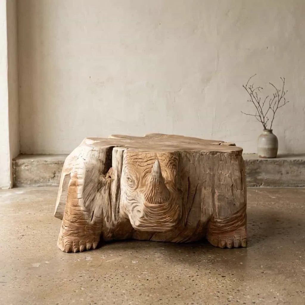 Couchtisch Rhino Teak Unique in einer Studio-Umgebung mit einer Vase mit Ästen im Hintergrund - World of Brosi