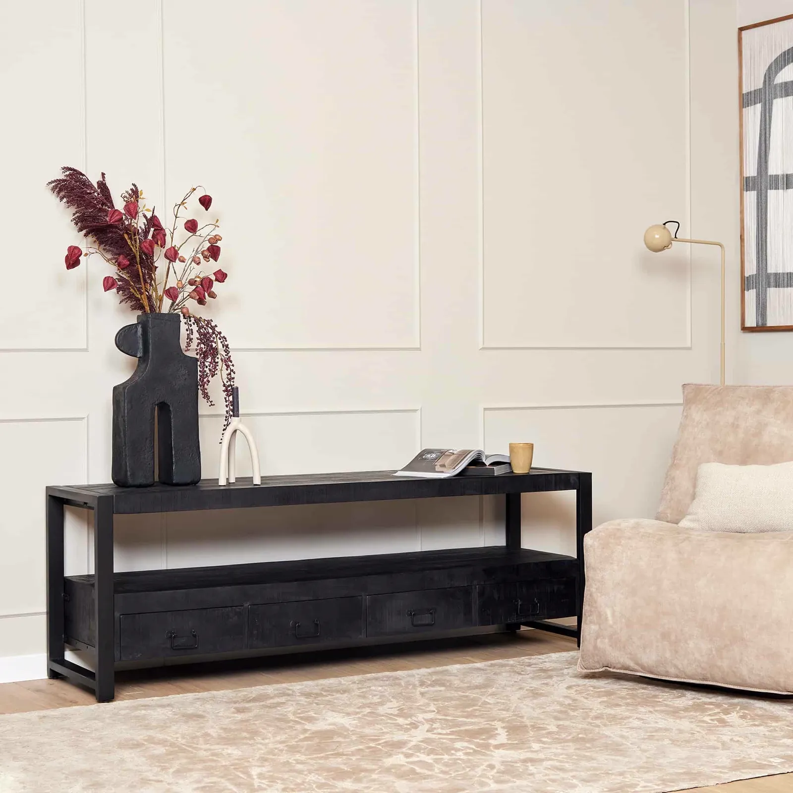 TV Unit Boaz Black Mango Wood 180 cm - Starfurn