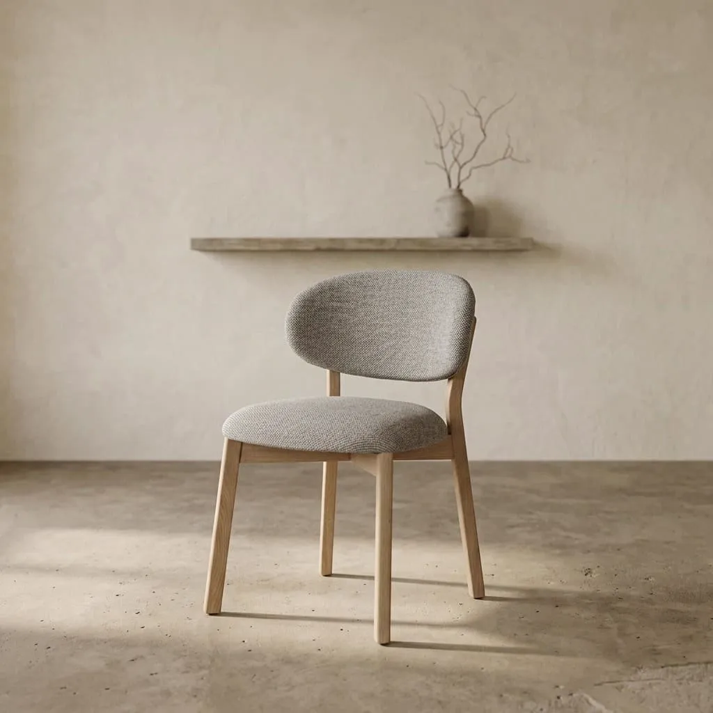 Stuhl Mikky naturel - taupe Moon in einer minimalistischen Studio-Umgebung mit Regal und Vase - Eleonora