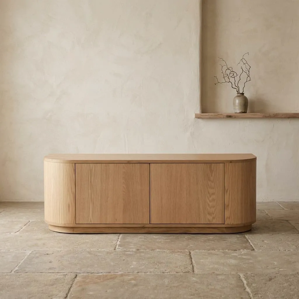 TV meubel Novero 140cm in een minimalistische woonkamer met lichte muren en stenen vloer - Livingfurn