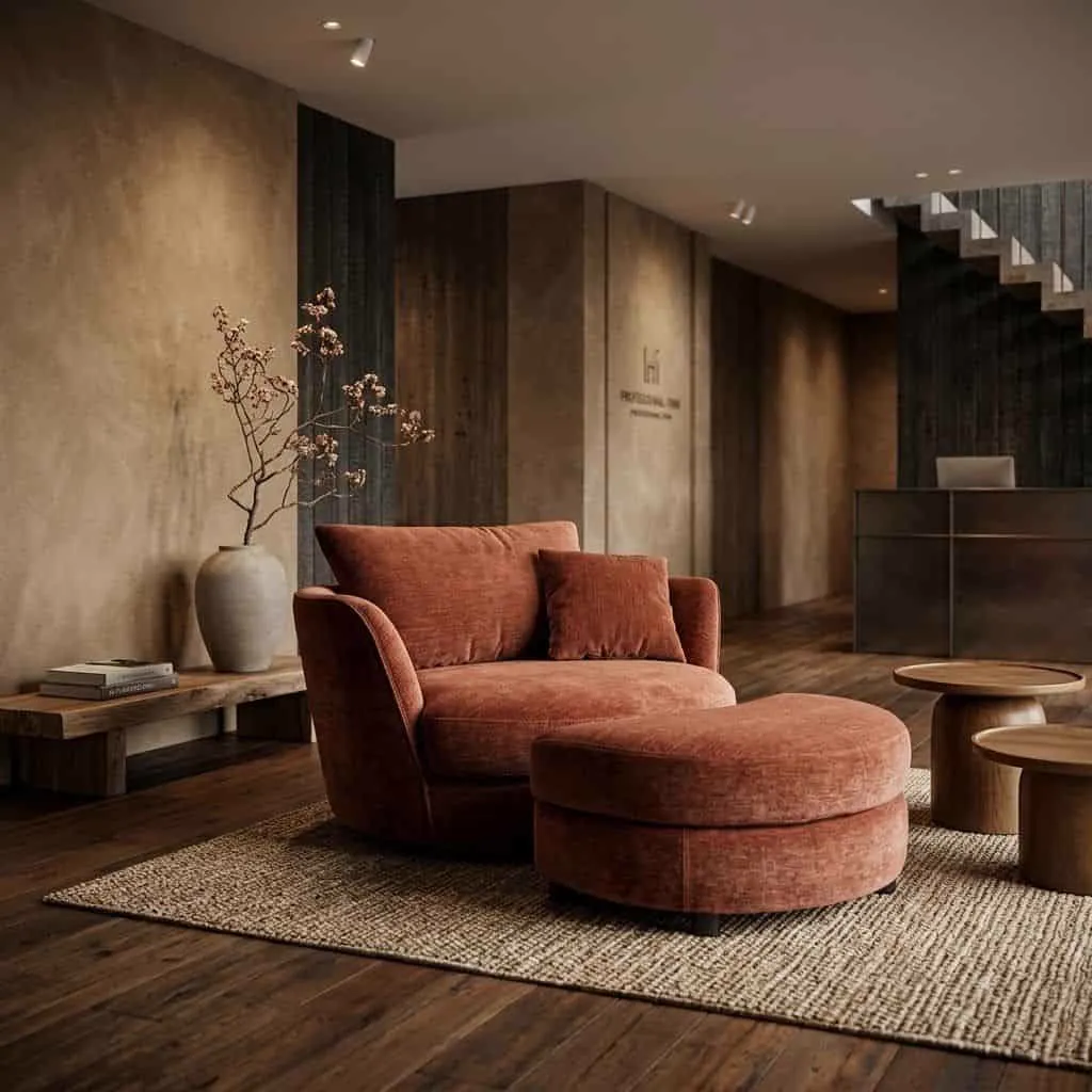 Loveseat Kart Drehsessel 1,5-Sitzer Fabbrica Germany in einer stimmungsvollen, warmen Lobby mit Holzfußboden - HTL
