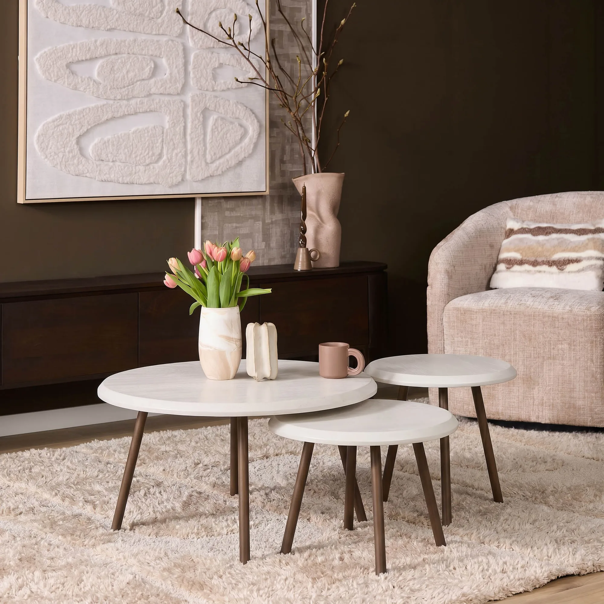 Ronde salontafelset Ohio, set van 3, zand mangohout - Starfurn