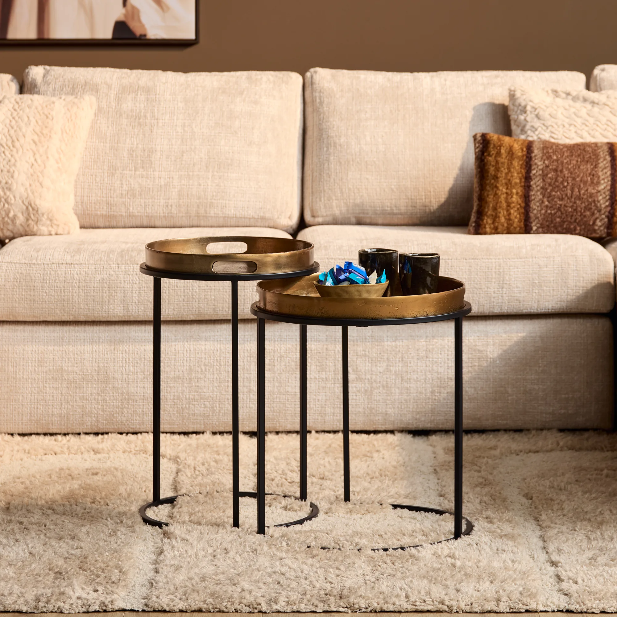 Ronde bijzettafel set Laure, aluminium met bronzen afwerking - Starfurn