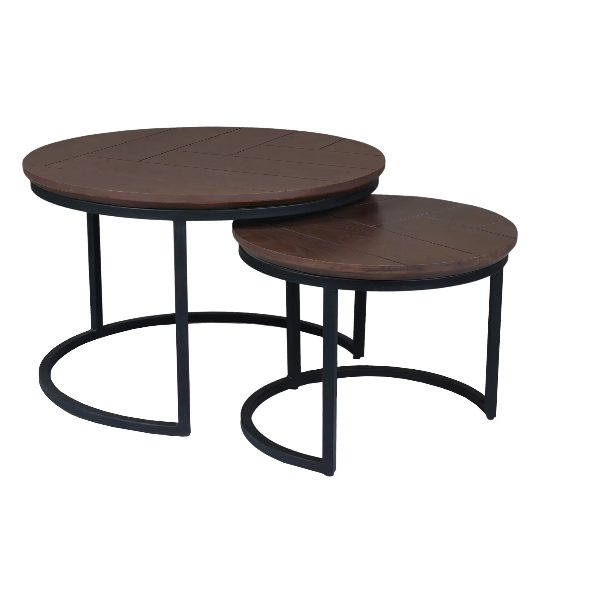 Bovenaanzicht van salontafel Enzo, een ronde donkerbruine tafel met een houten patroon - Starfurn