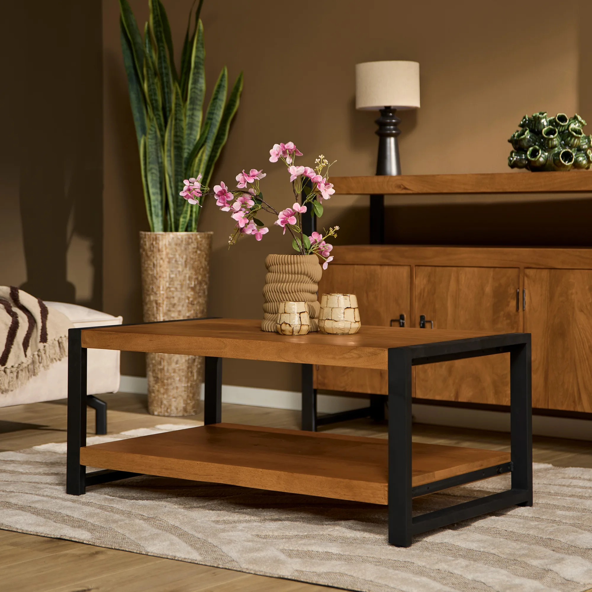 Salontafel Boaz met onderblad, Naturel Mangohout 110 cm - Starfurn