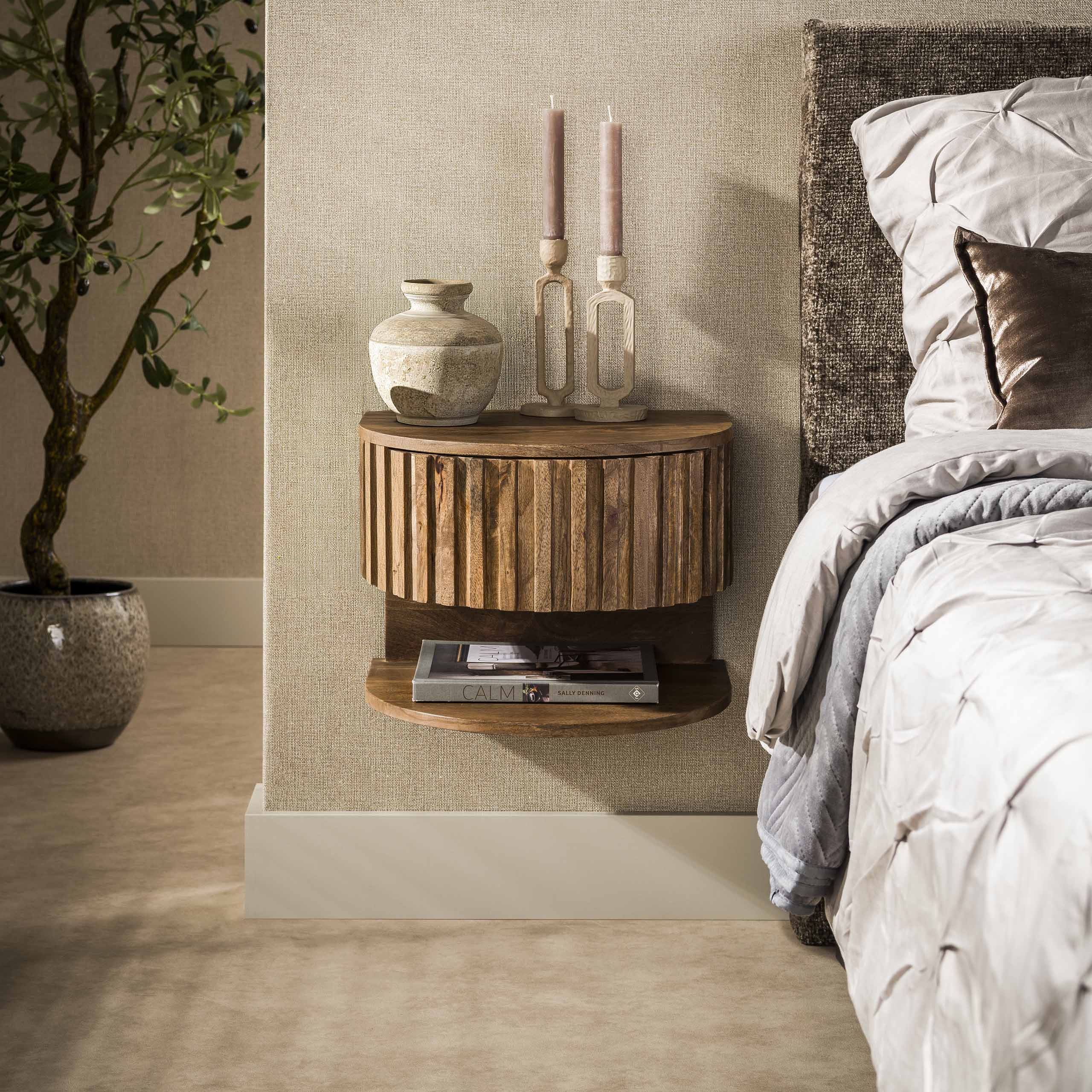 Bedside Table Ridge shelve floating 1 drawer / Solid mango sand - Zijlstra