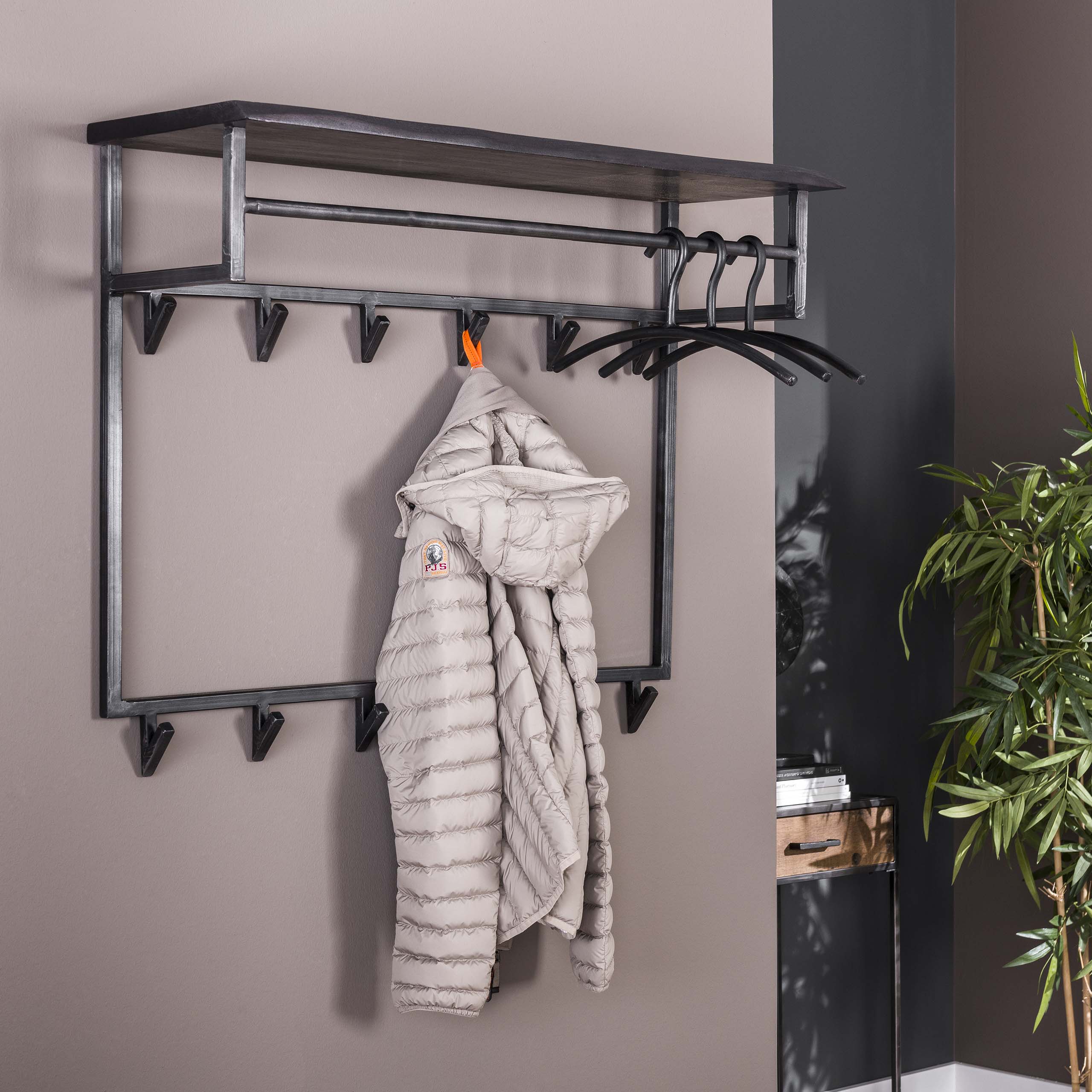 Coat Rack Yucon tall hat shelf 12 hooks / Solid acacia black - Zijlstra