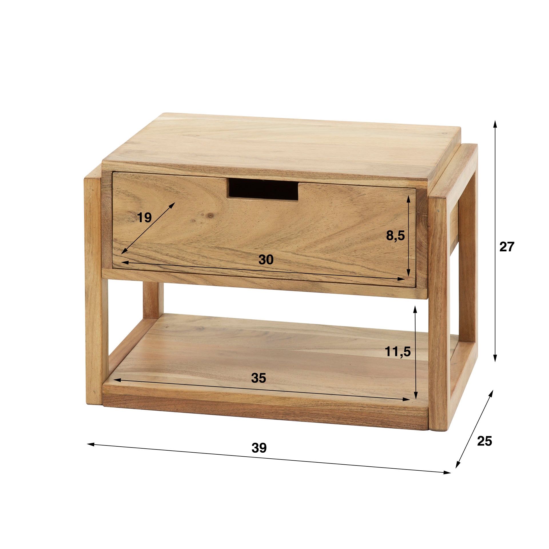 Schwebender Nachttisch Holzrahmen mit 1 Schublade aus massivem Akazienholz (Massiv acacia) - Emmo Design