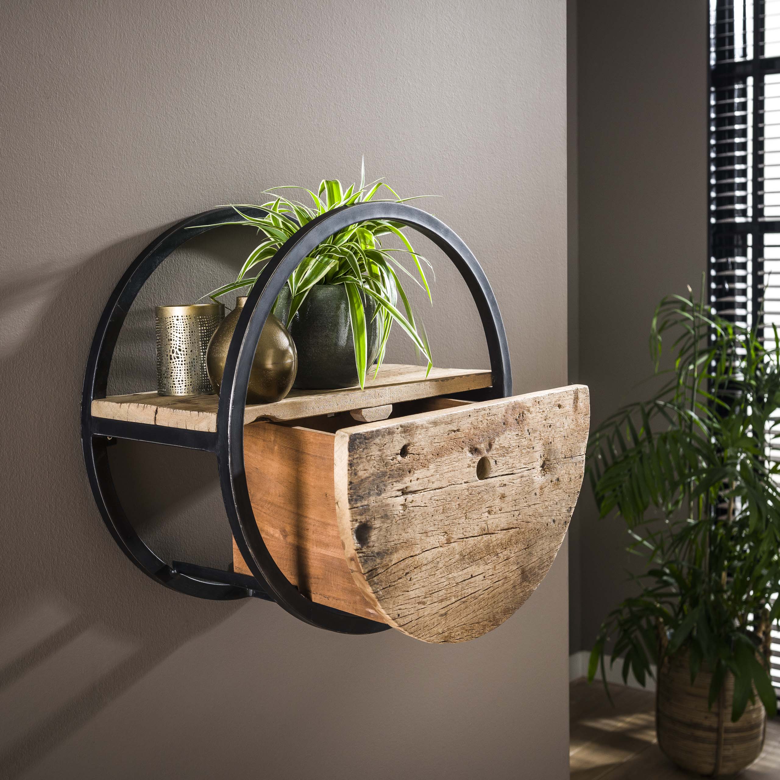Wall Shelf Circular 1 drawer Ø40cm / Robust hardwood - Zijlstra
