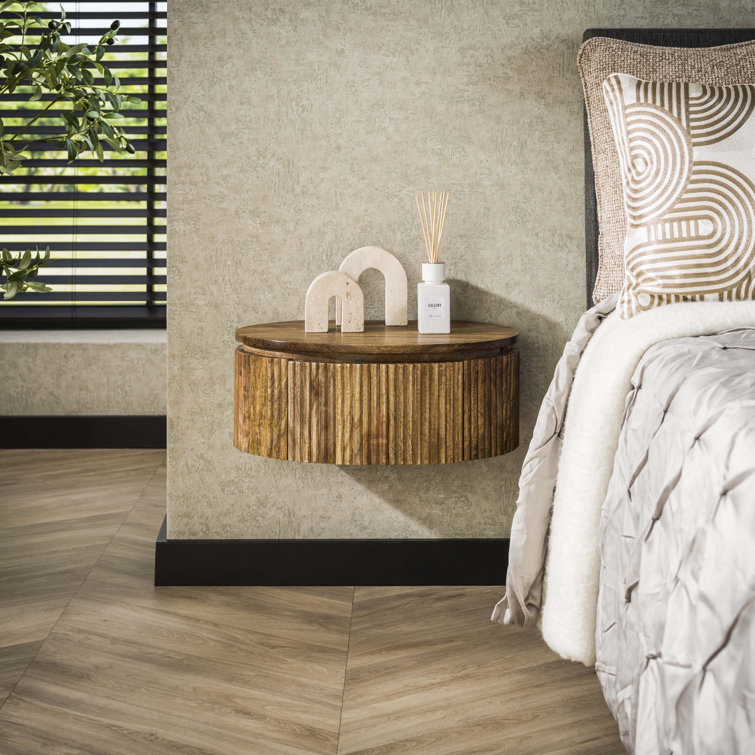 Wave Bedside Table round floating 1 drawer / Solid mango sand - Zijlstra