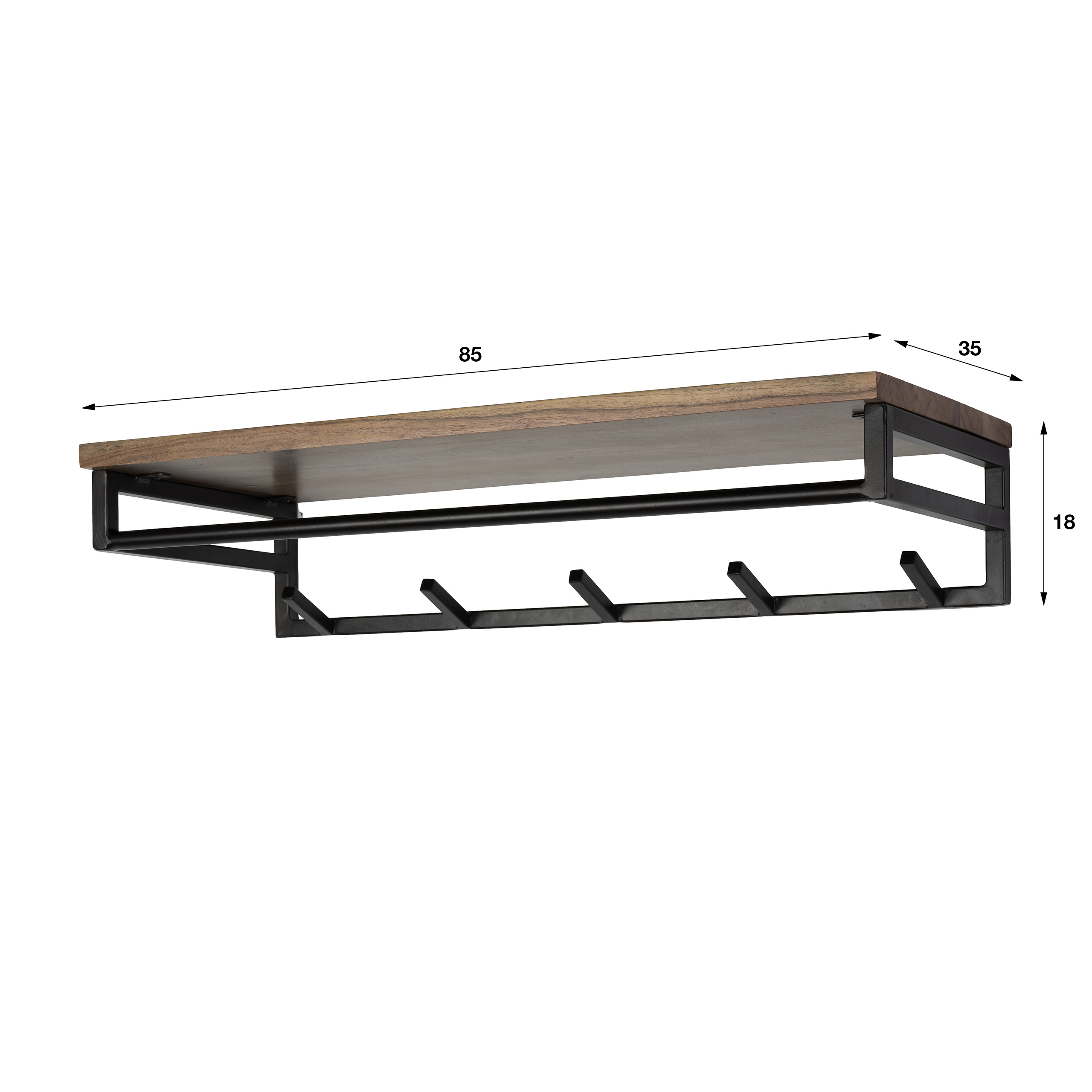 Kapstok Custom roede en hoedenplank 5 haken / Massief acacia bruin - Zijlstra