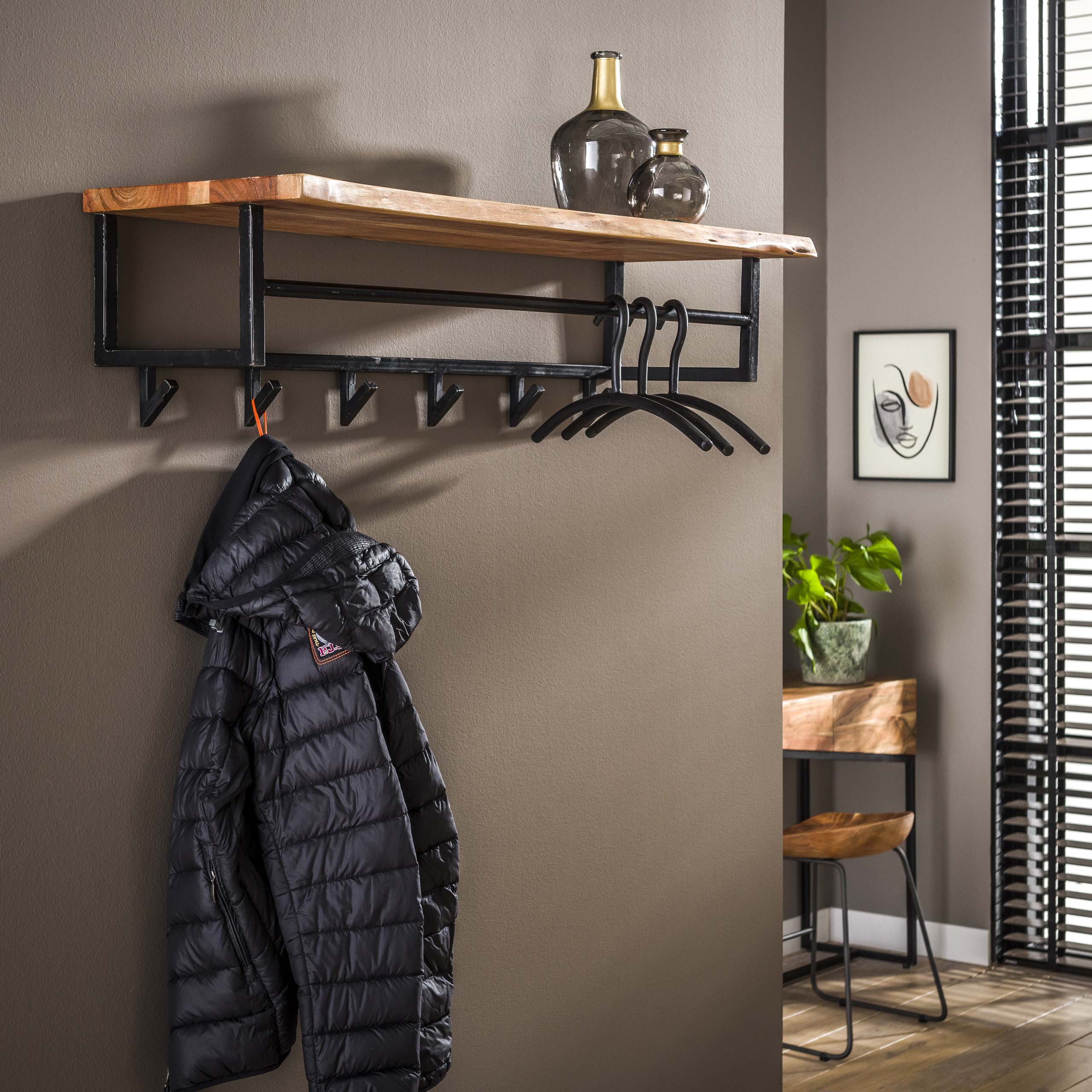 Kapstok Edge roede en hoedenplank 6 haken / Massief acacia - Zijlstra