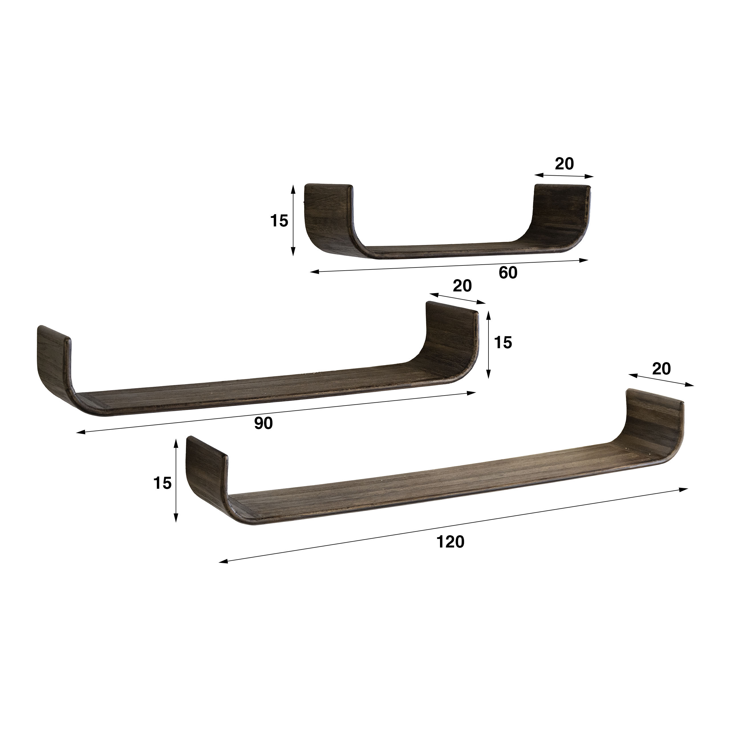 Wall Shelf Maya Teak U-shape set of 3 / Solid teak espresso - Zijlstra