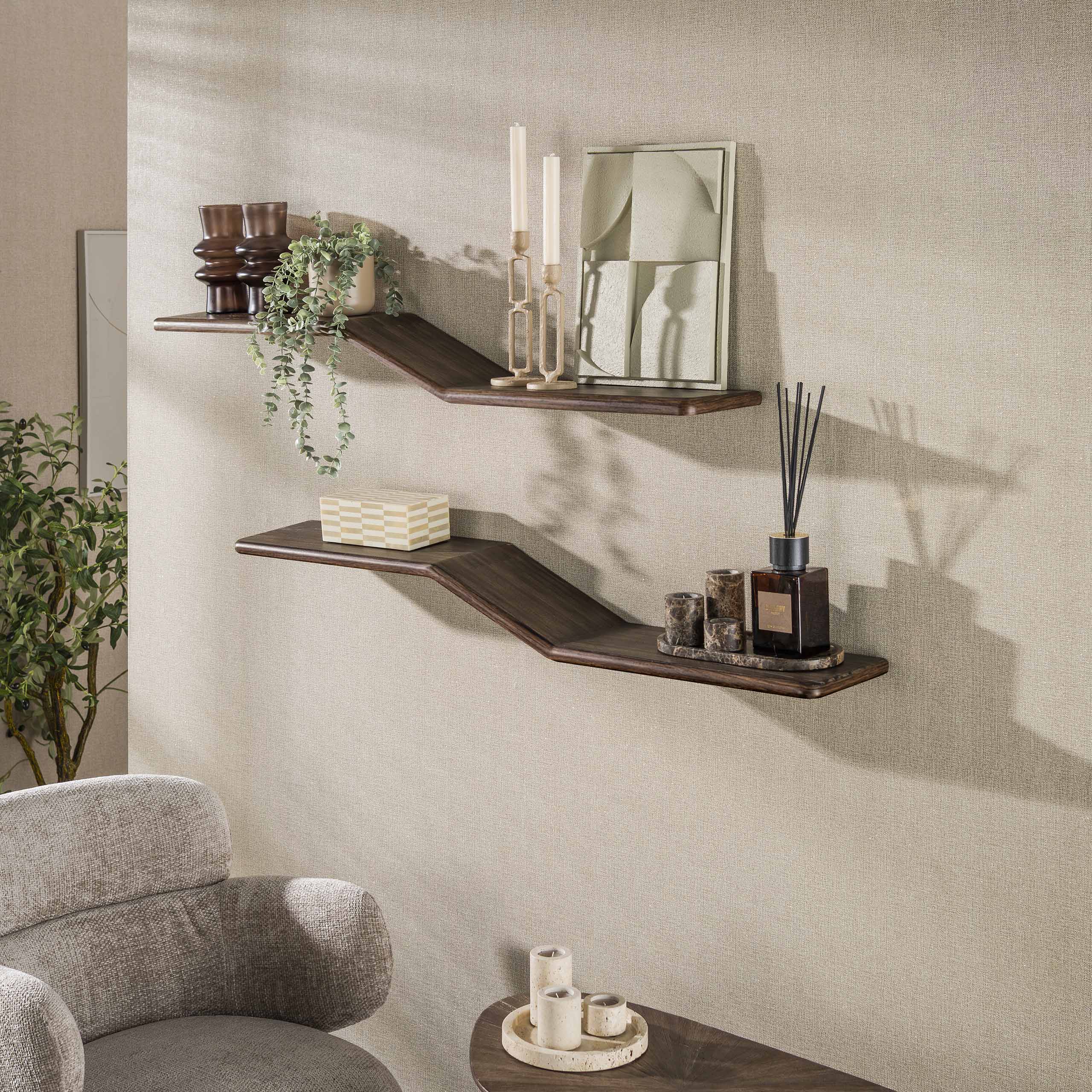 Wandplank Maya Teak S-shape set van 2 / Massief teak espresso - Zijlstra