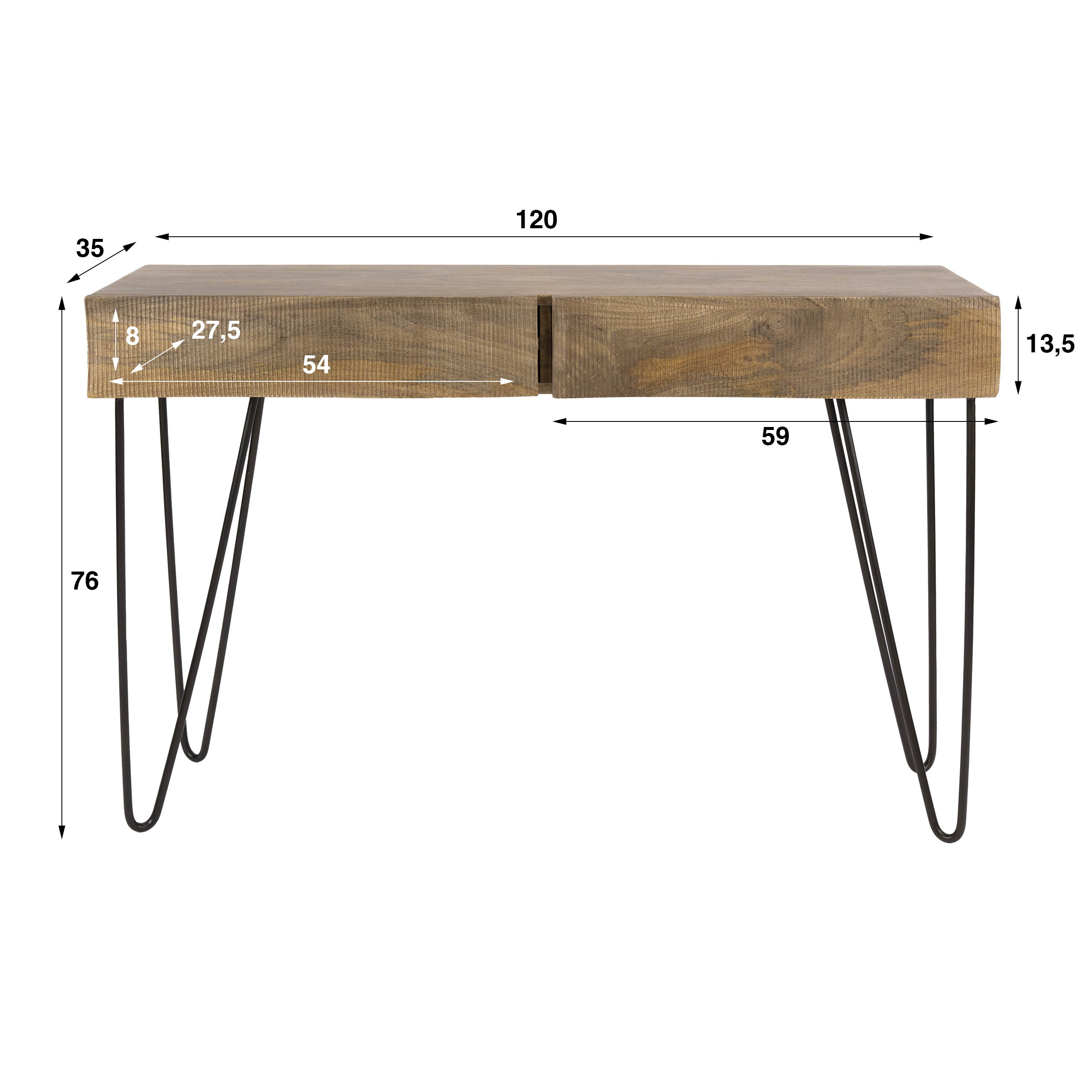 Hal-/kaptafel Ocean 2 lades / Massief mango zand - Zijlstra