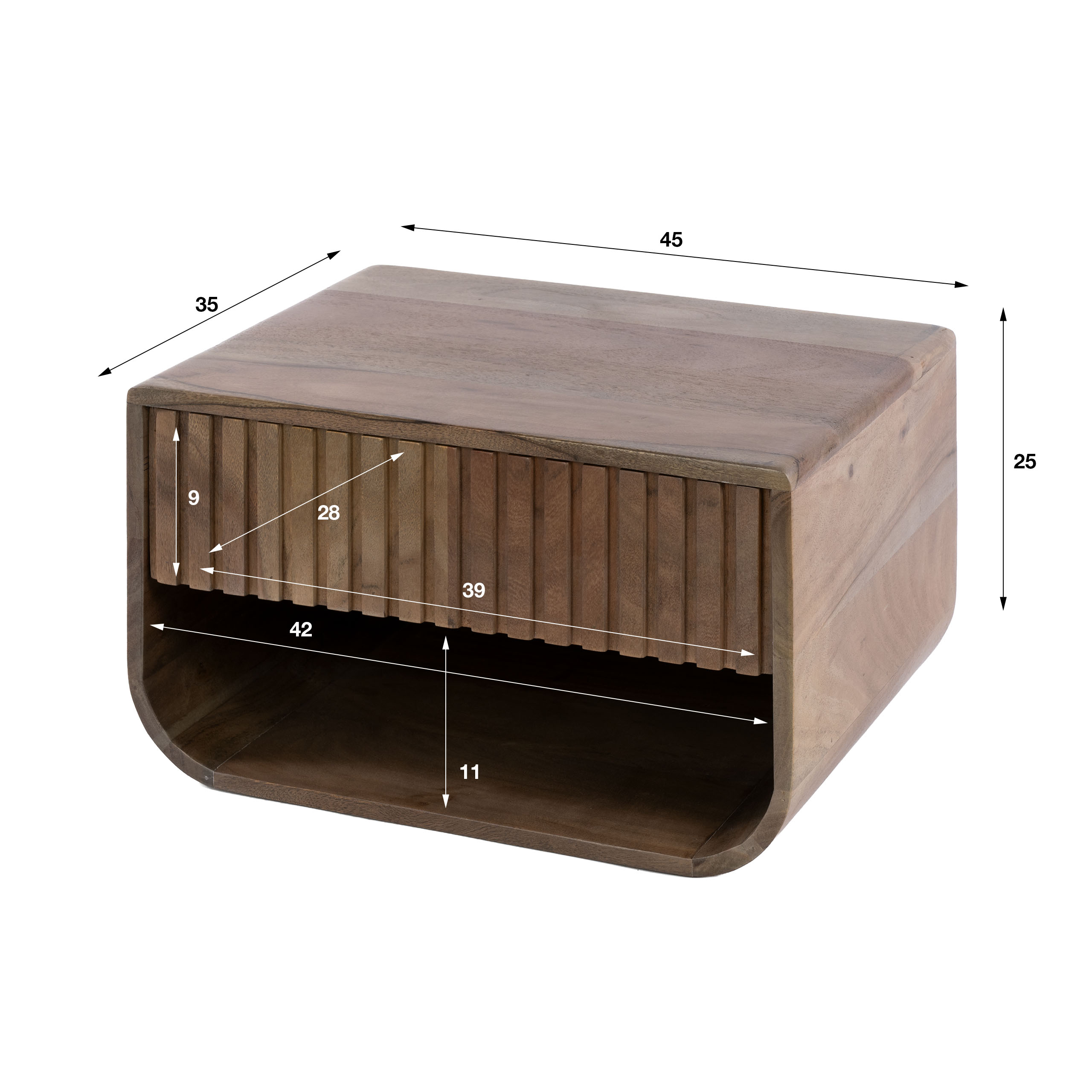 Mesita de noche Carve rounded flotante 1 cajón / Acacia maciza marrón - Zijlstra