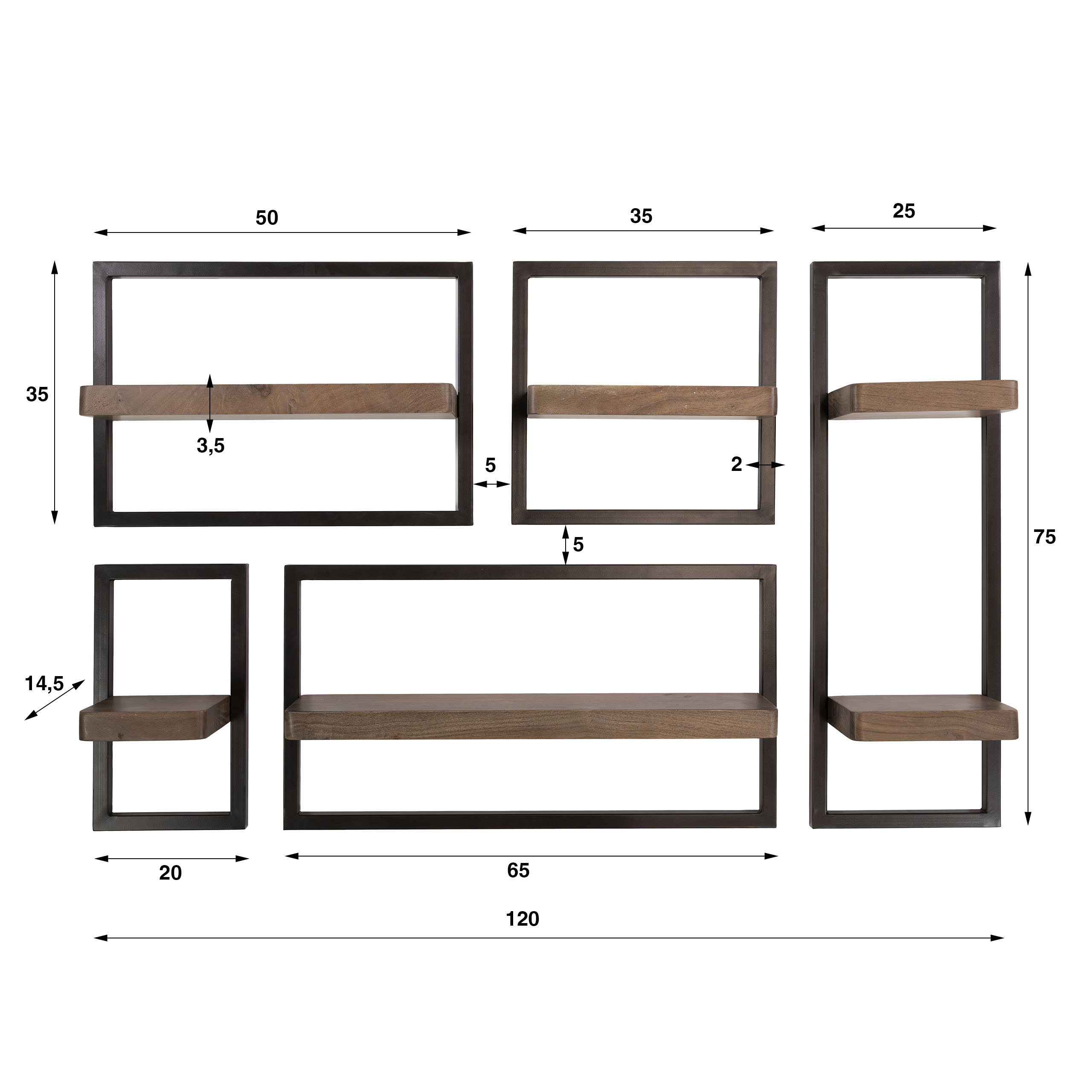 Estantería de pared Carve juego de 5 / Acacia maciza marrón - Zijlstra