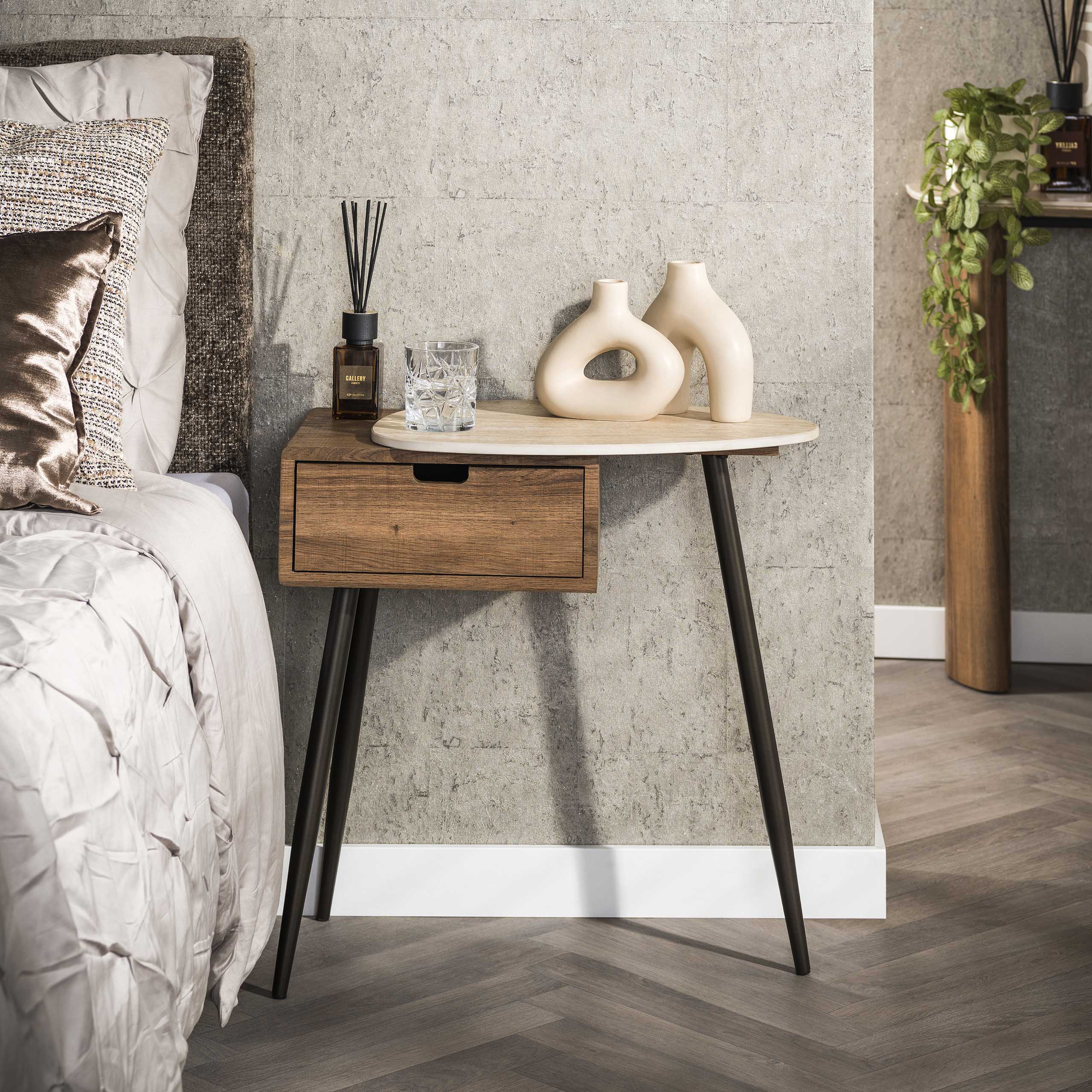 Bedside Table Travino 1 drawer right / 3D ceramic travertine - Zijlstra