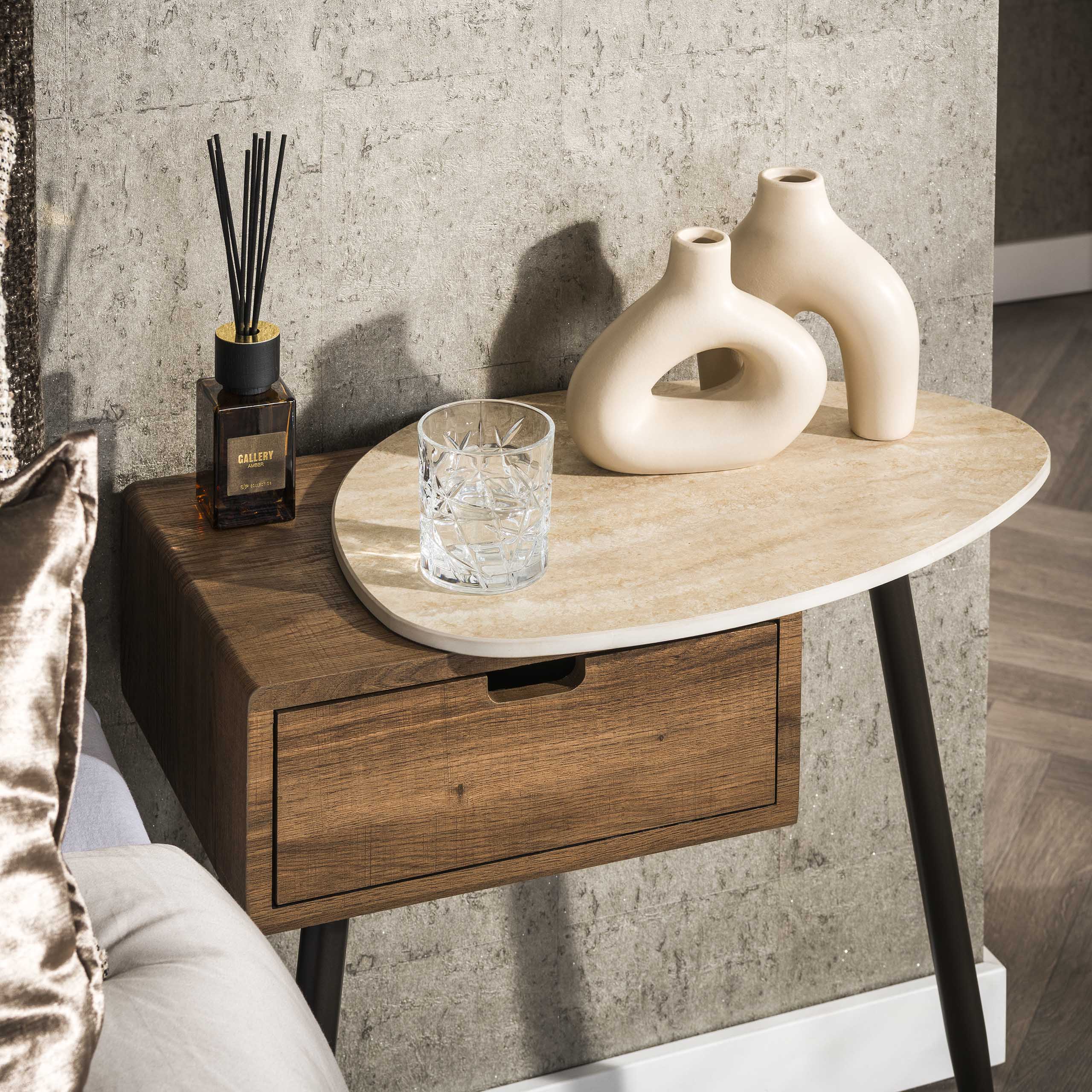 Bedside table Travino 1 drawer rechts in 3D travertine ceramic - Emmo Design