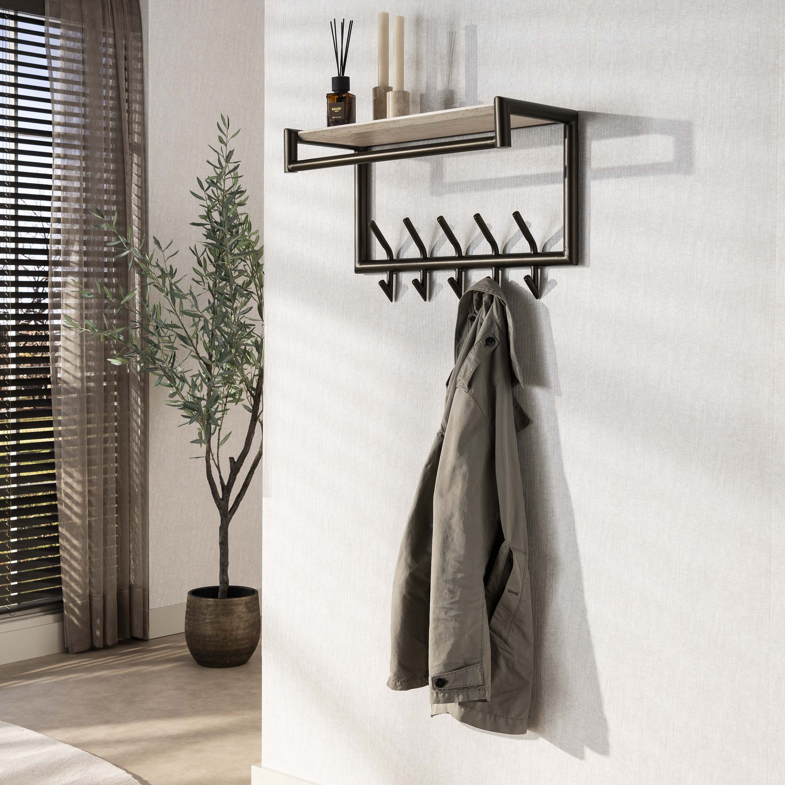 Kapstok Terra roede en hoedenplank 2x5 haken / Melamine travertine - Zijlstra