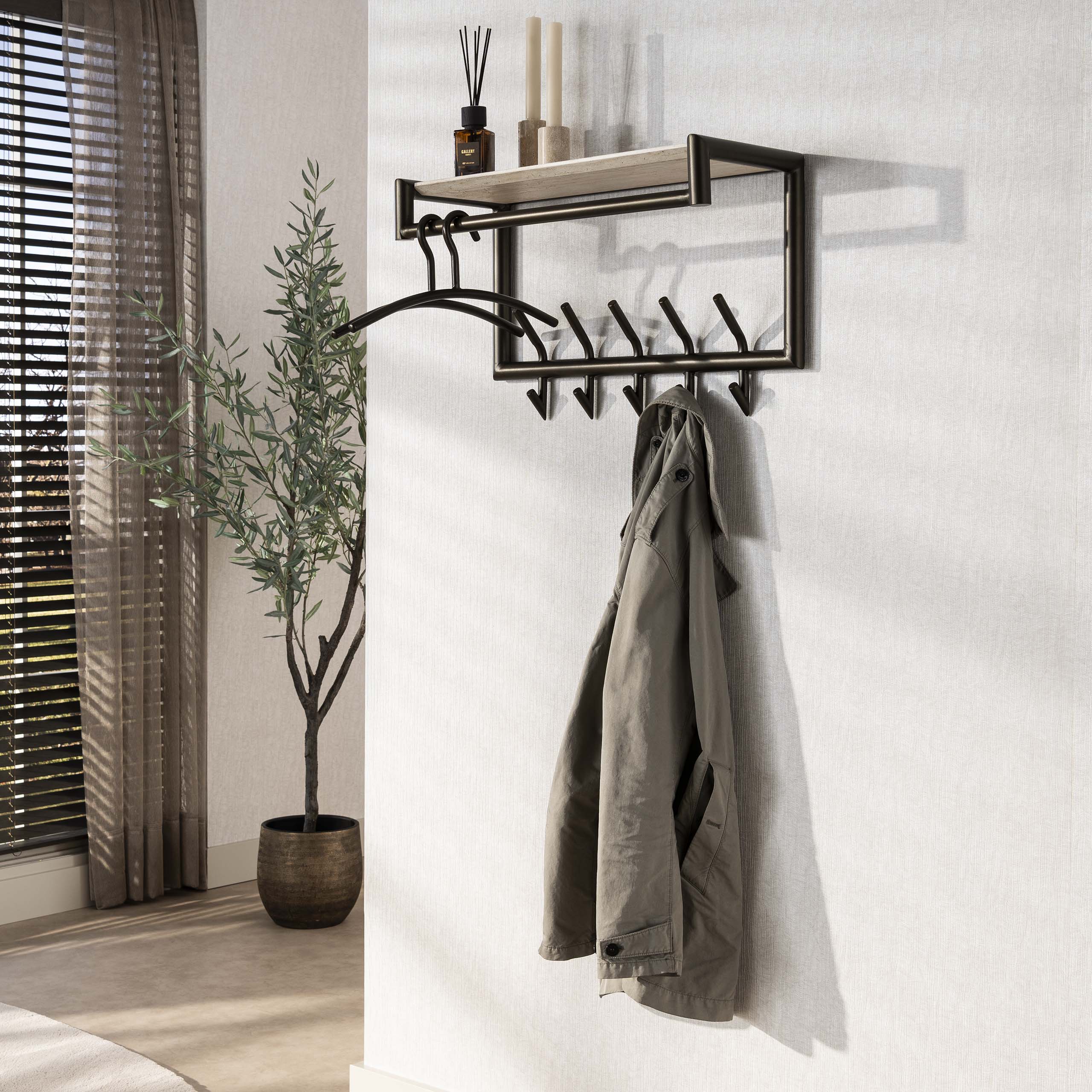 Kapstok Terra roede en hoedenplank 2x5 haken / Melamine travertine - Zijlstra