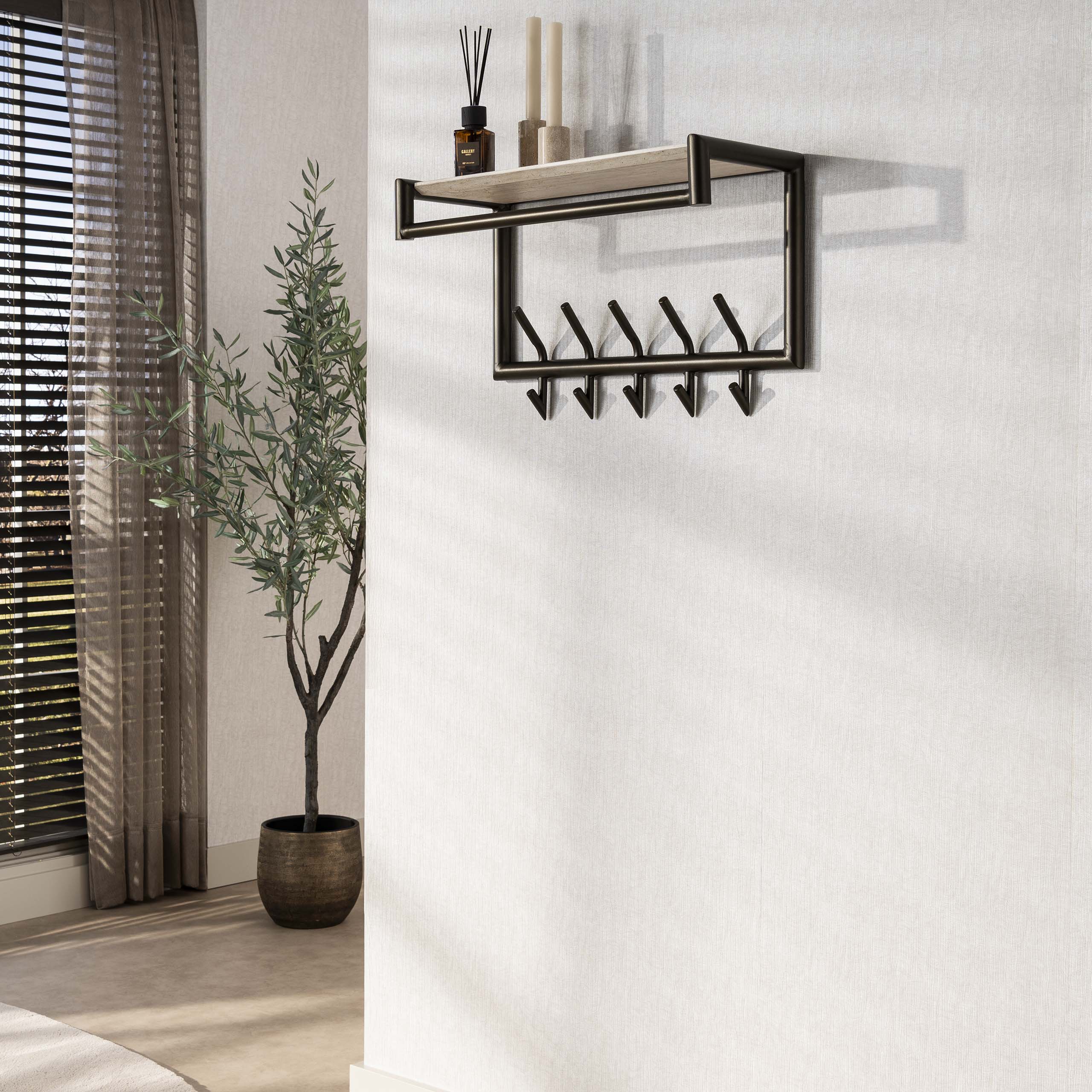 Kapstok Terra roede en hoedenplank 2x5 haken / Melamine travertine - Zijlstra