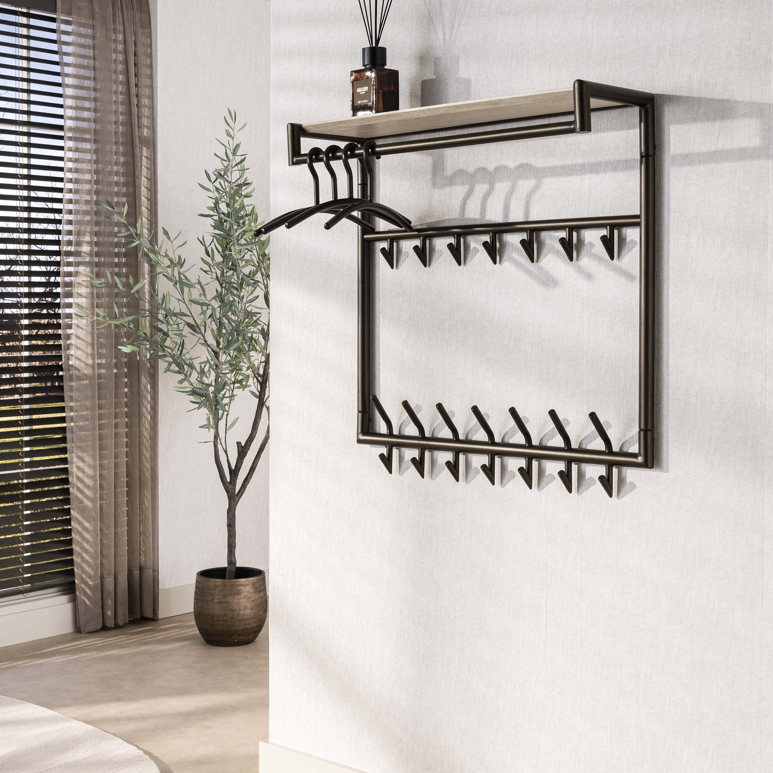 Kapstok Terra hoog roede en hoedenplank 3x7 haken / Melamine travertine - Zijlstra