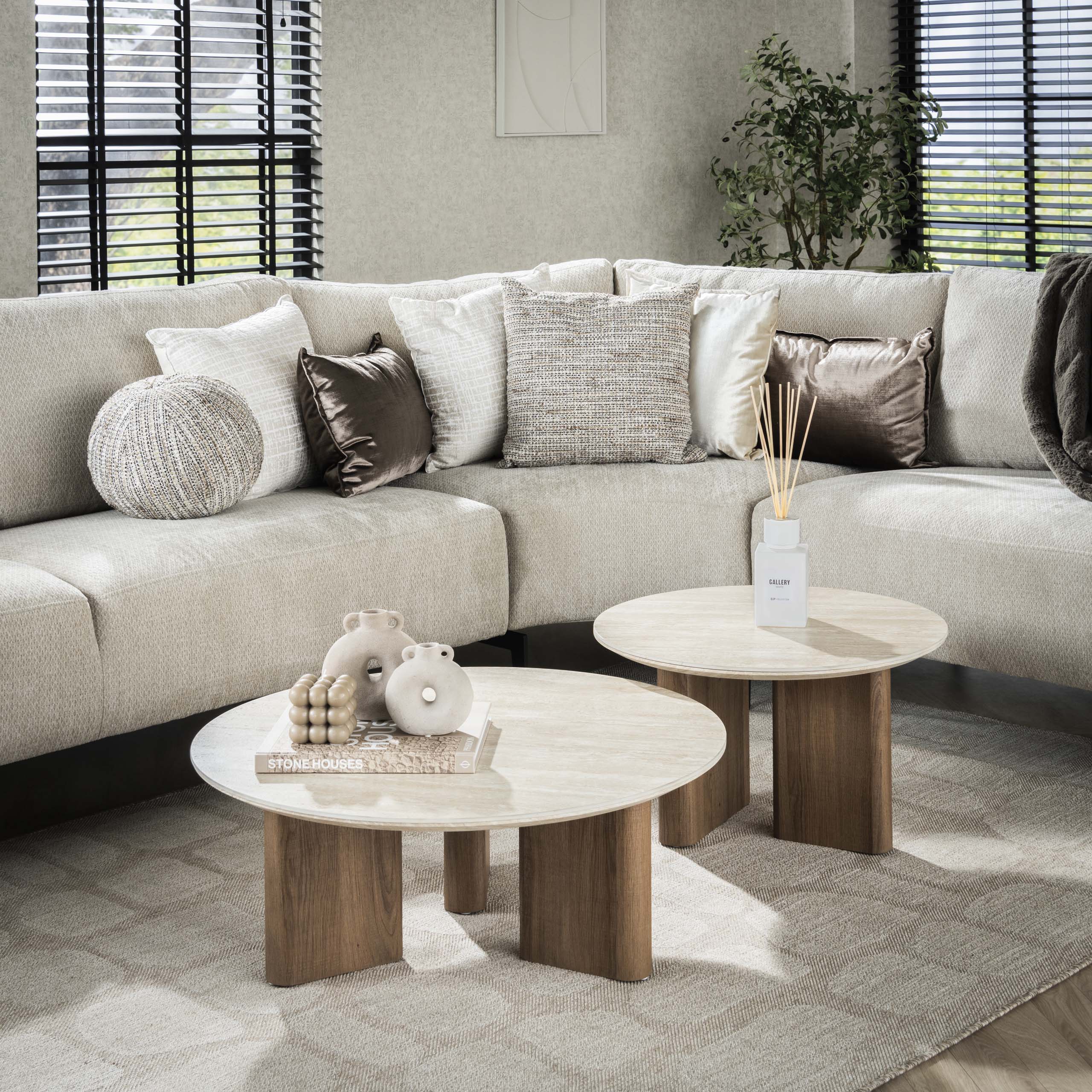 Coffee table set Romano rond (2-piece) in travertine ceramic (Keramiek travertin) - Emmo Design