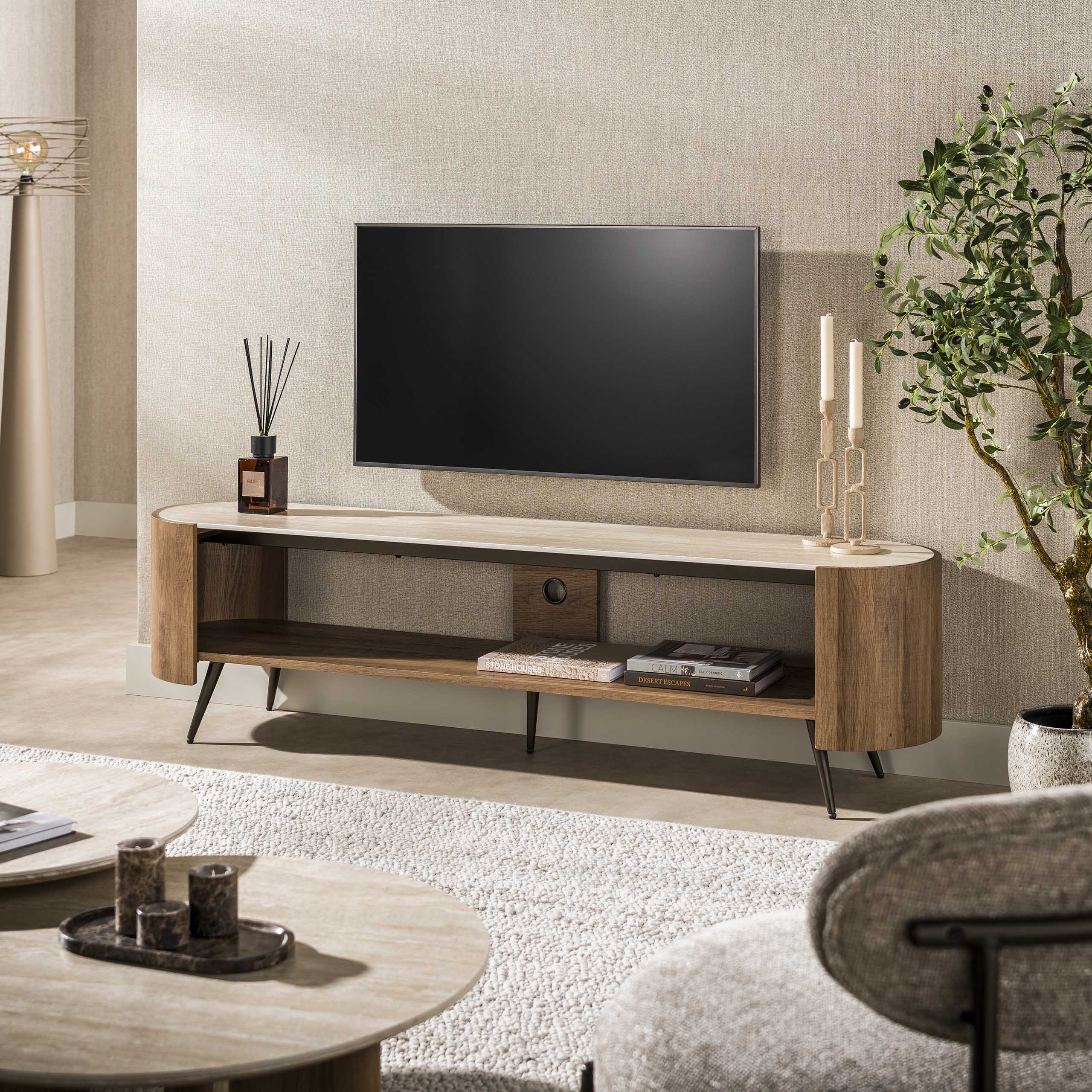 TV-Lowboard Arcus 180cm in Keramik Travertin (Keramiek travertin) - Emmo Design