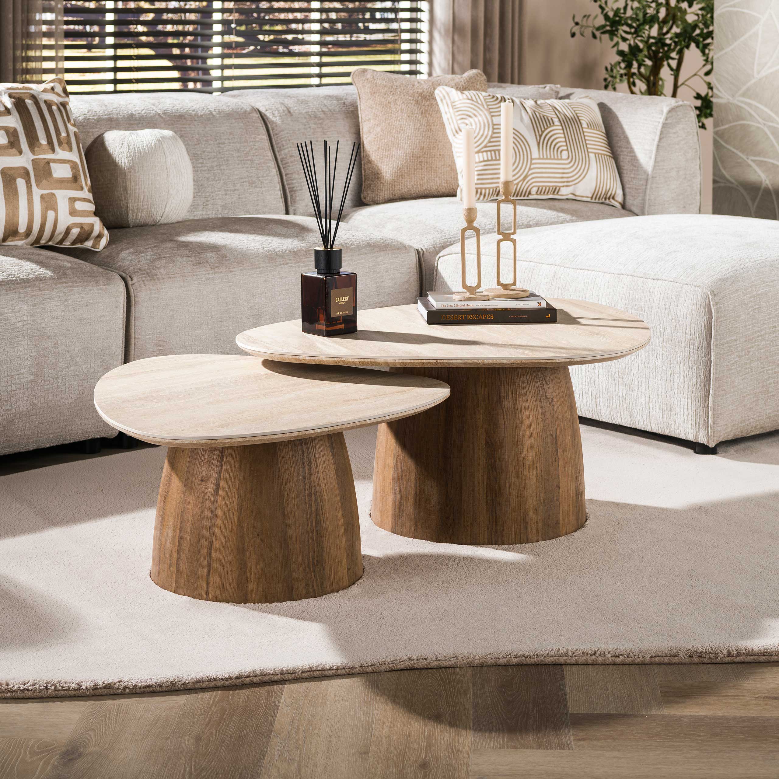 Salontafel Romano driehoekig set van 2 / 3D keramiek travertin - Zijlstra