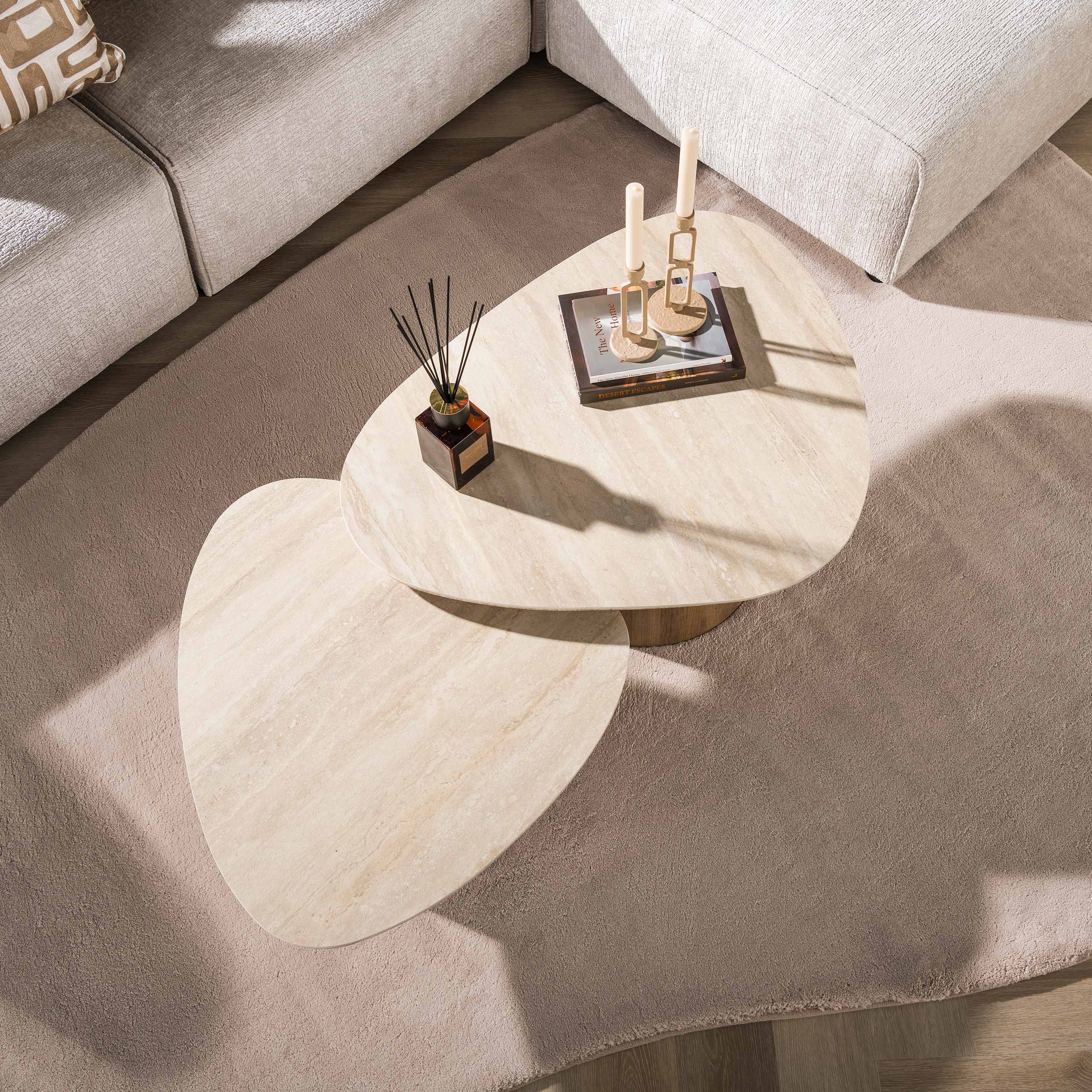 Couchtisch-Set Romano dreieckig (2-teilig) in 3D-Keramik Travertin - Emmo Design
