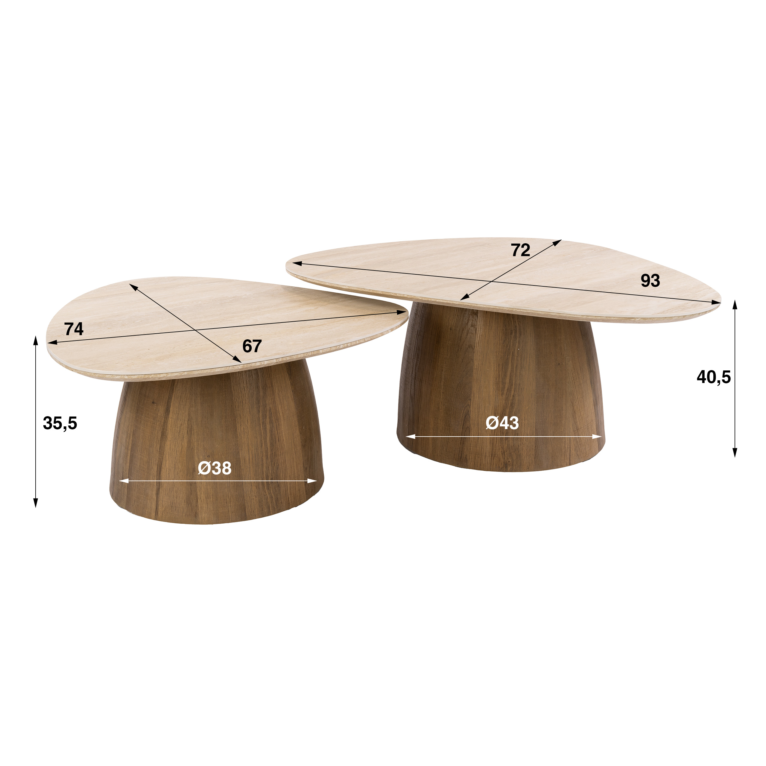 Salontafel Romano driehoekig set van 2 / 3D keramiek travertin - Zijlstra