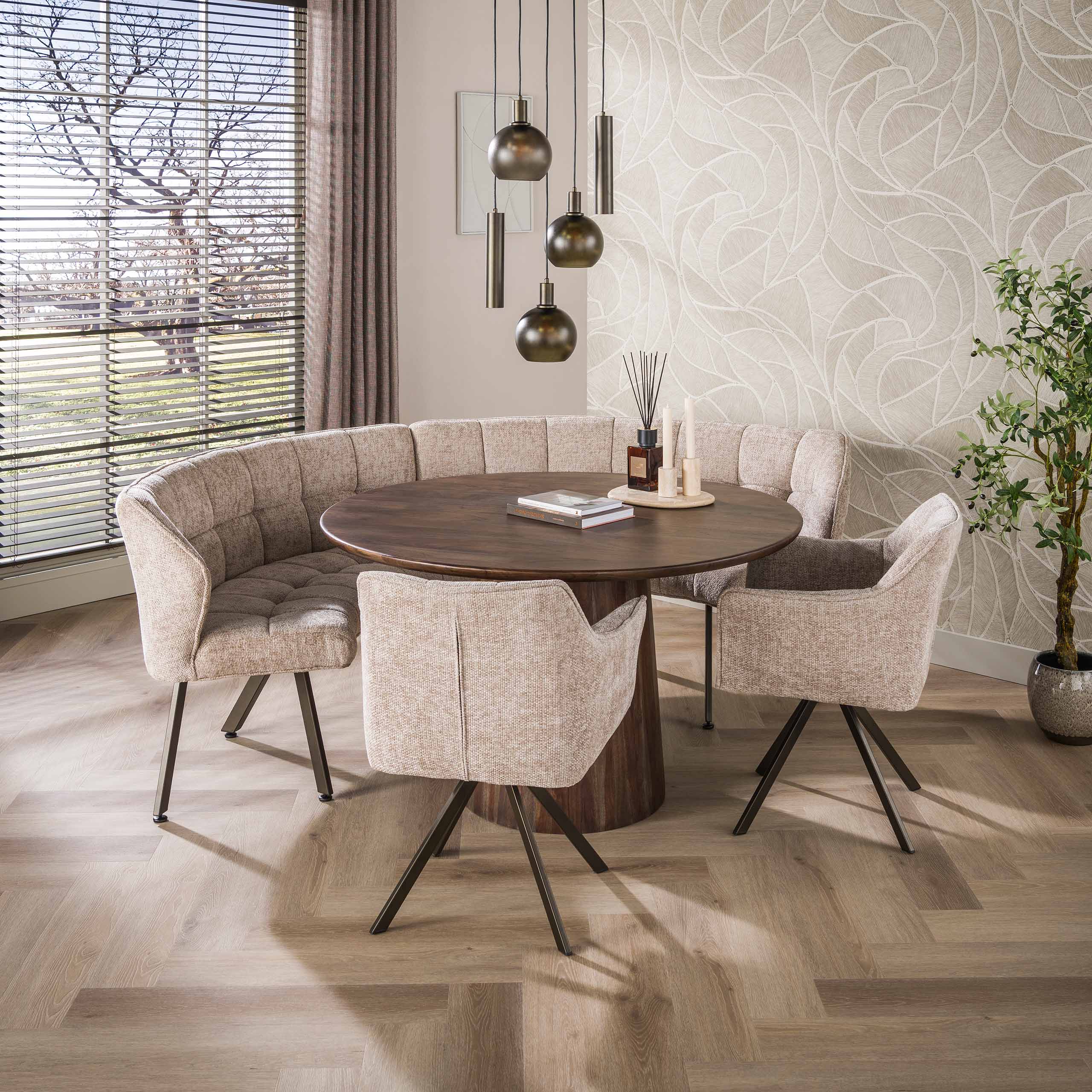 Esszimmerbank Raster rond 2-delig in Hoven Sand-Braun - Emmo Design