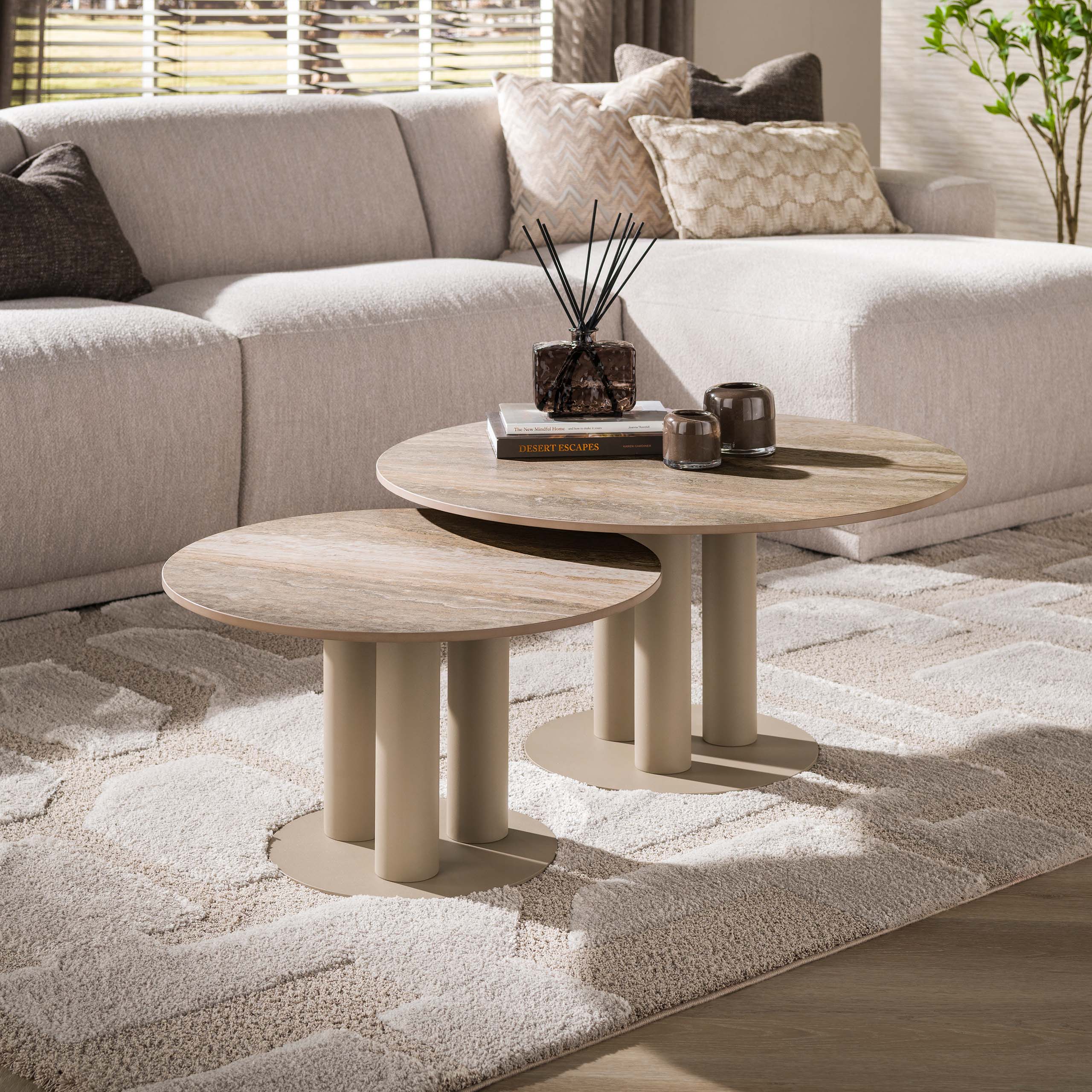 Couchtisch-Set Selvo rond, 2-delig, 3D travertin zand - Zijlstra