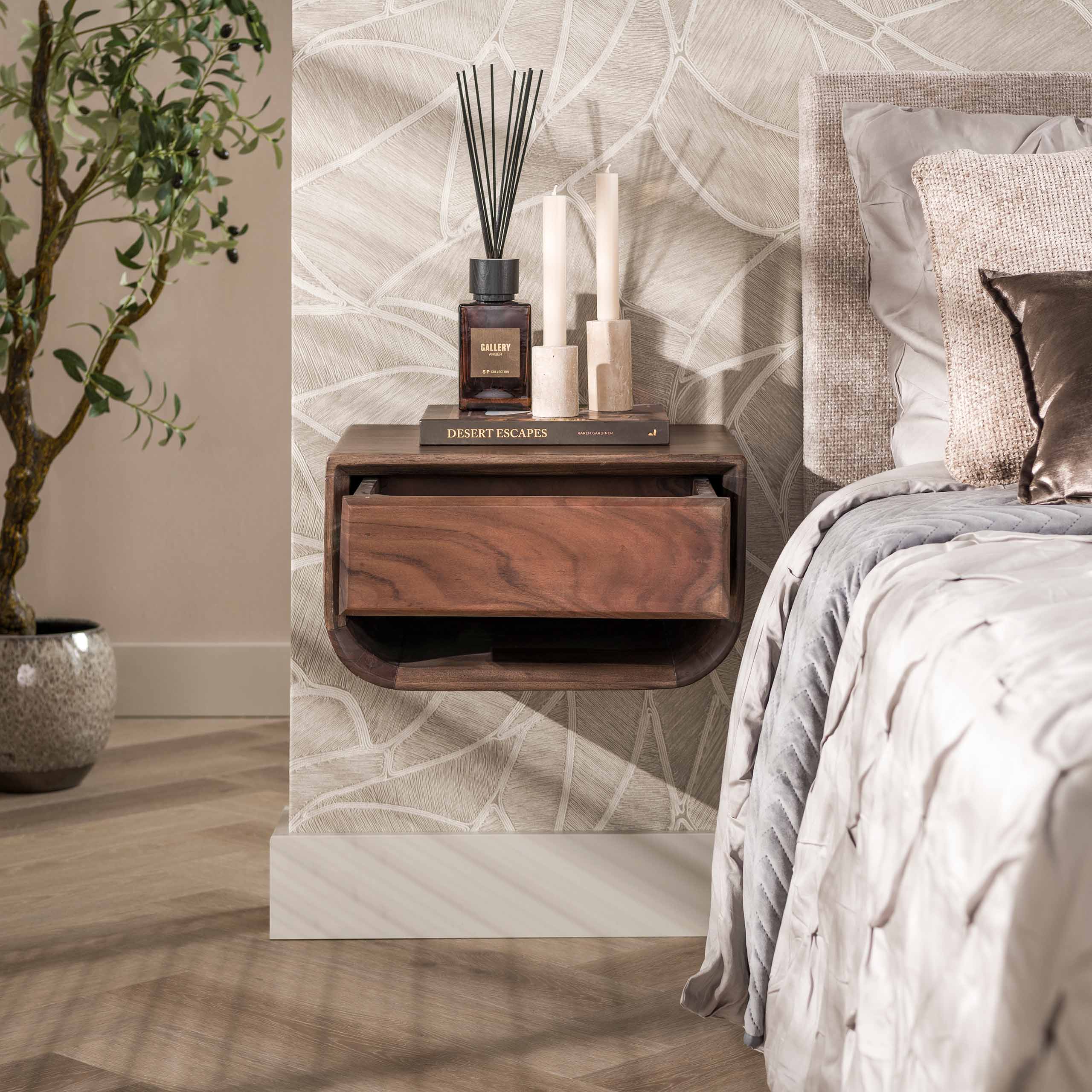 Bedside Table Mova floating 1 drawer / Solid acacia brown - Zijlstra